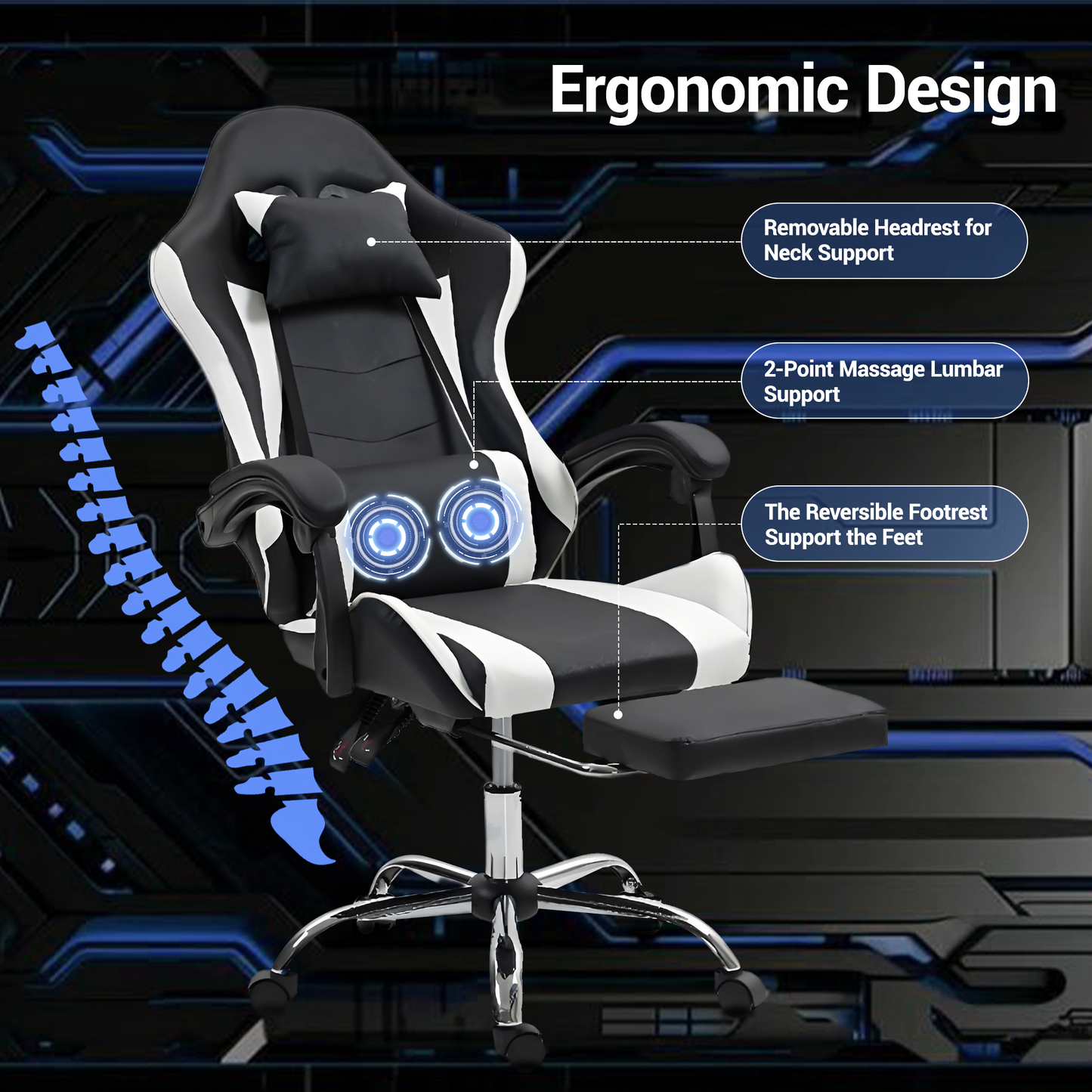 DELMANGO Ergonomic Gaming Chair with Massage Lumbar Support and Adjustable Headrest & Footrest, White