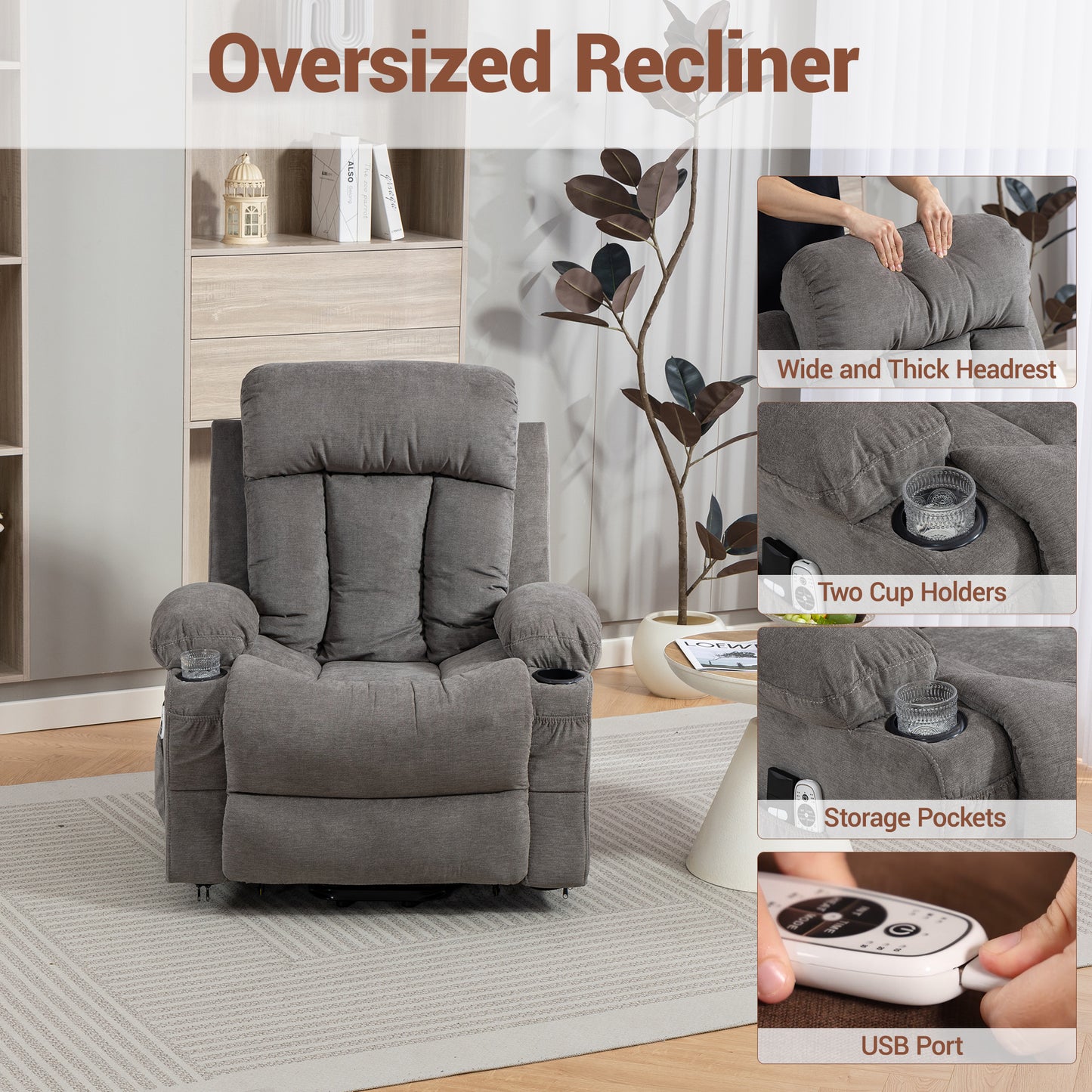 DELMANGO Power Lift Recliner Chair for Elderly, Electric Oversized Reclining Sofa with Vibration Massage & Heat, Cup Holder and USB Charging Port for Living Room, Brown