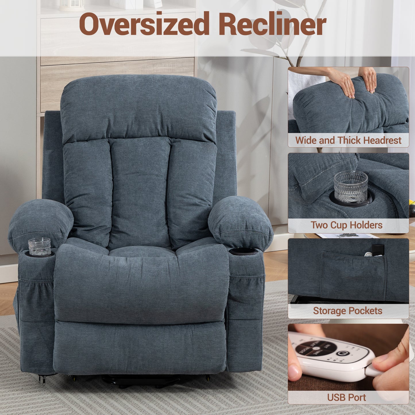 DELMANGO Power Lift Recliner Chair for Elderly, Electric Oversized Reclining Sofa with Vibration Massage & Heat, Cup Holder and USB Charging Port for Living Room, Blue