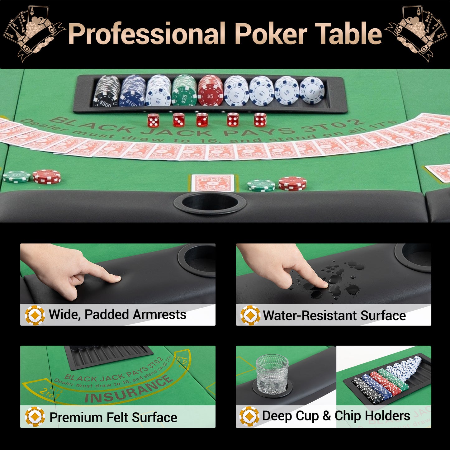 DELMANGO Foldable Poker Table for 7 Players Fan-Shaped Game Table with Cup Holders & Chip Trays, Portable Casino Table for Texas Holdem, Blackjack, Home Game Nights Green