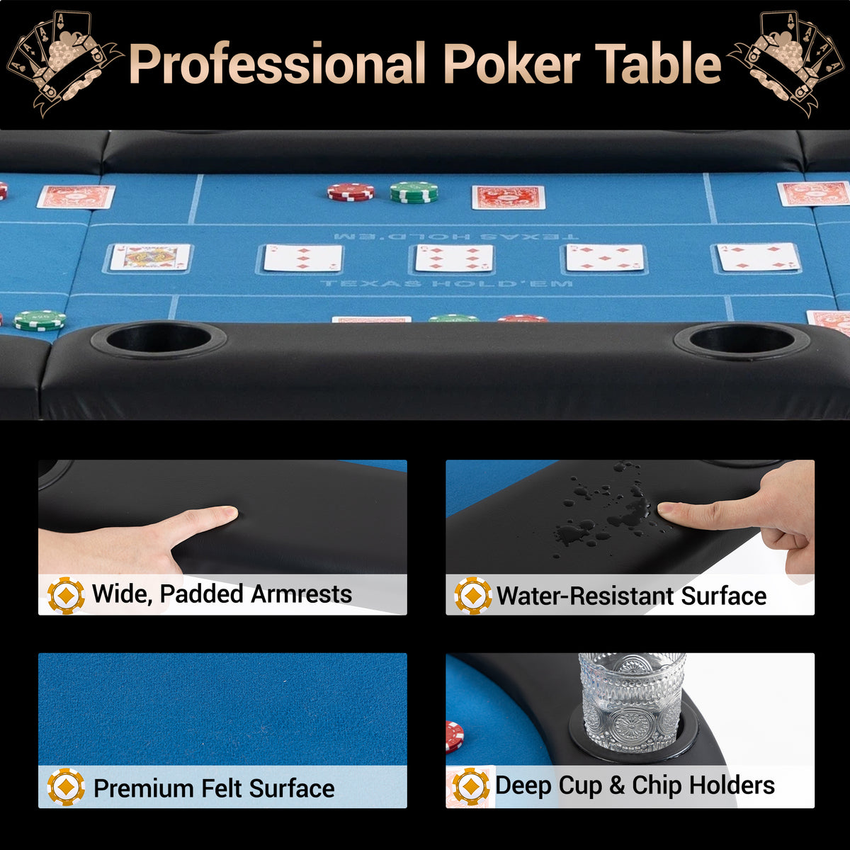DELMANGO Foldable Poker Table for 8 Players Oval Game Table with Cup Holders & Chip Trays, Portable Casino Table for Texas Holdem, Blackjack, Home Game Nights Blue