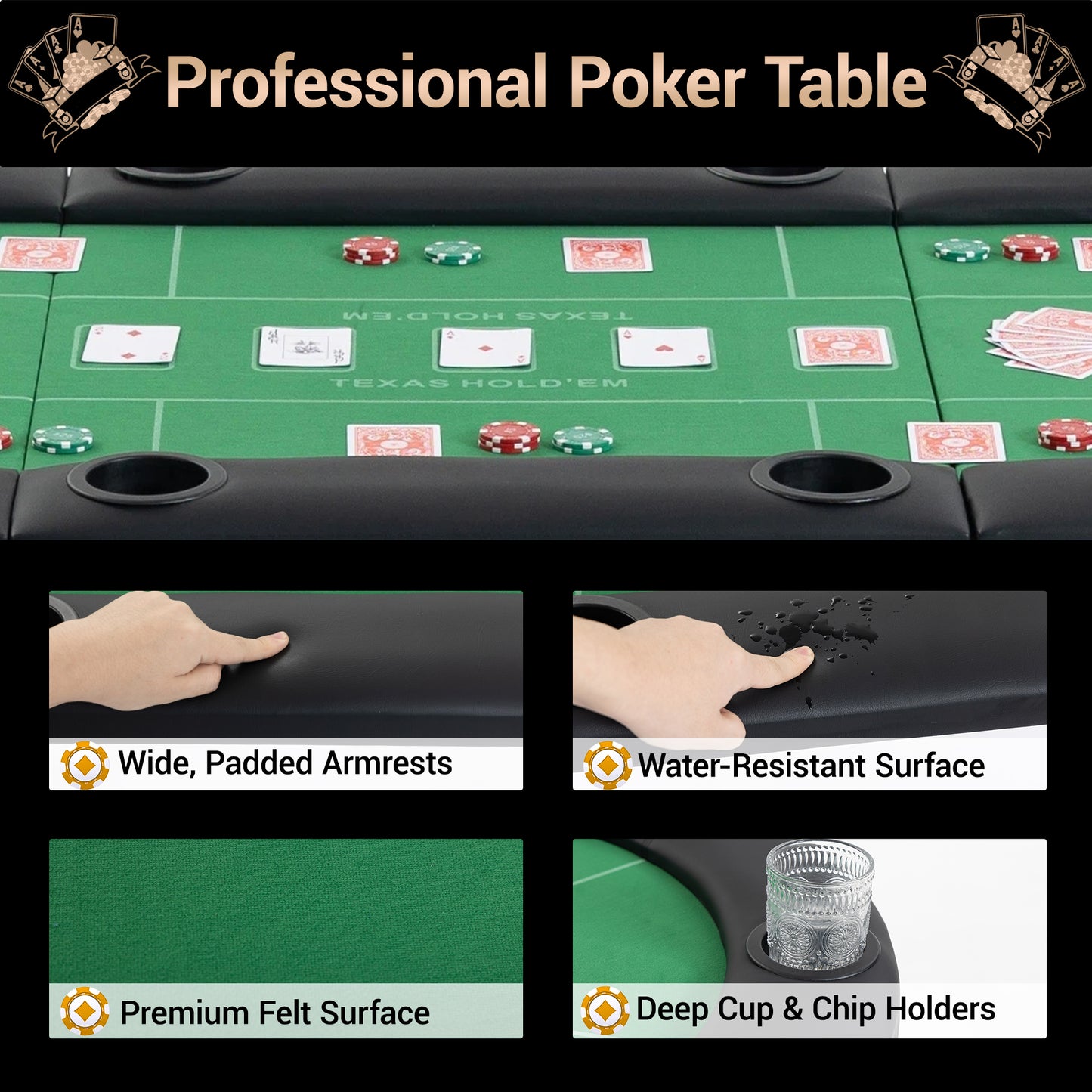 DELMANGO Foldable Poker Table for 8 Players Oval Game Table with Cup Holders & Chip Trays, Portable Casino Table for Texas Holdem, Blackjack, Home Game Nights Green