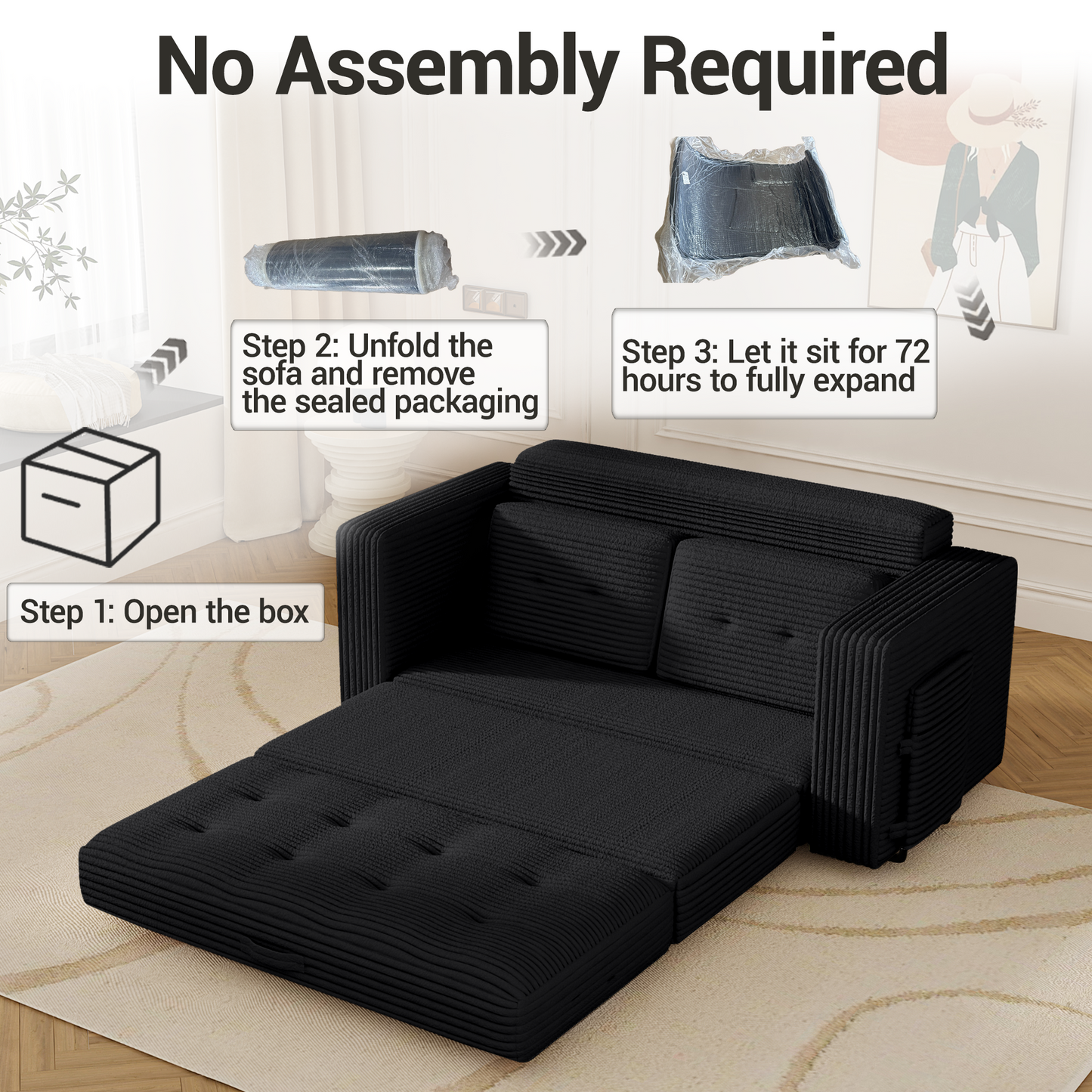 DELMANGO Convertible Loveseat Sleeper Sofa, Boneless Pull-Out Folding Couch Bed with Pillows for Living Room & Bedroom, Black