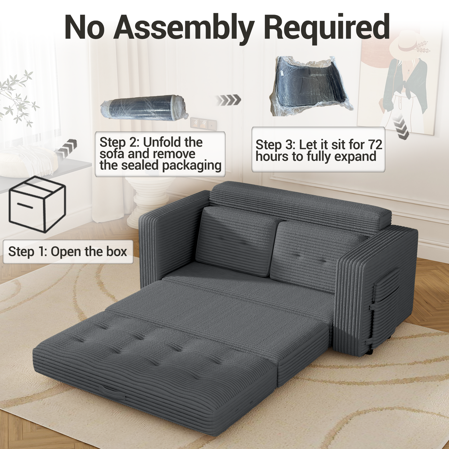 DELMANGO Convertible Loveseat Sleeper Sofa, Boneless Pull-Out Folding Couch Bed with Pillows for Living Room & Bedroom, Grey