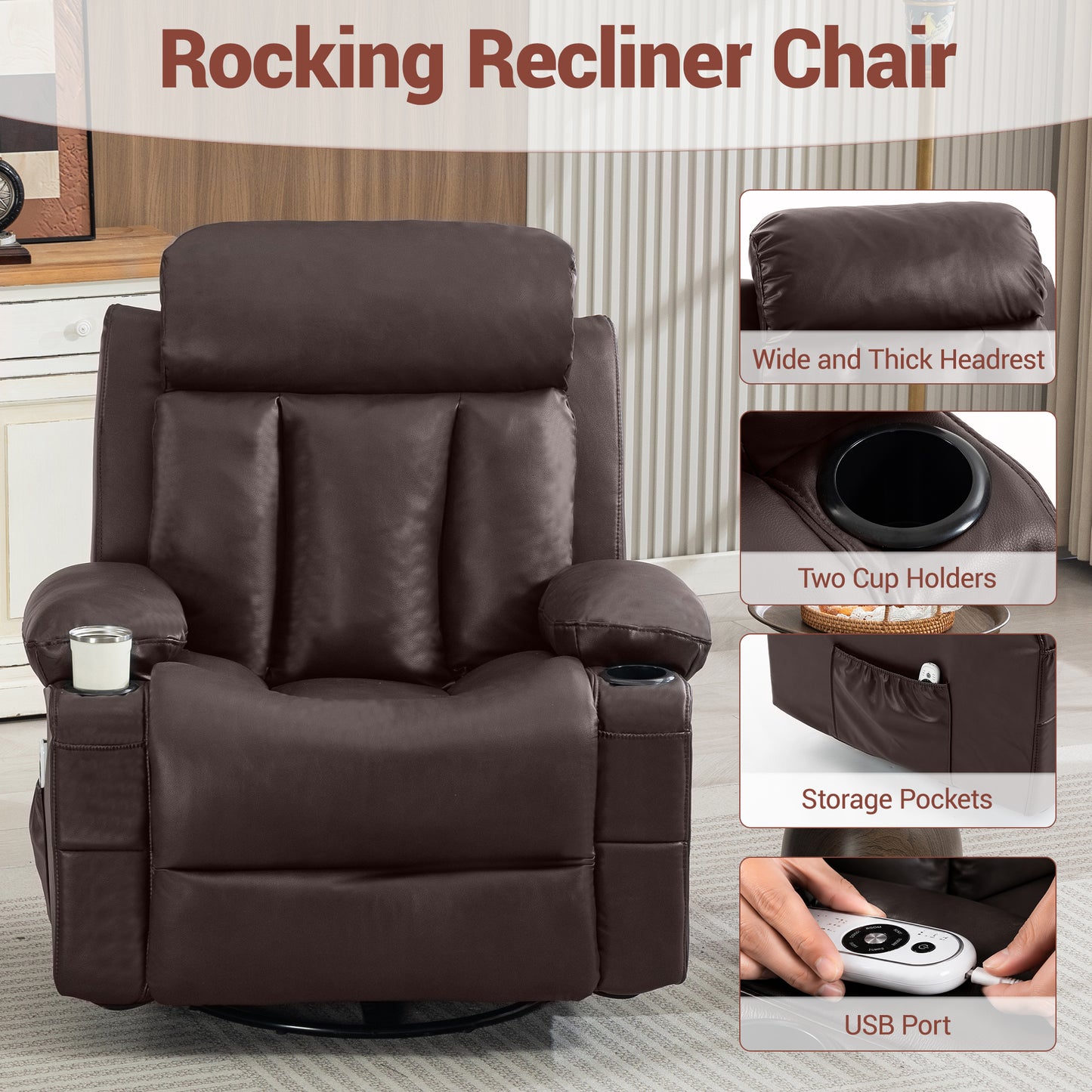 Delmango Power Recliner Chair for Audlts PU Leather Swivel Rocker Recliner Chair Massage Sofa Chair for Living Room Brown