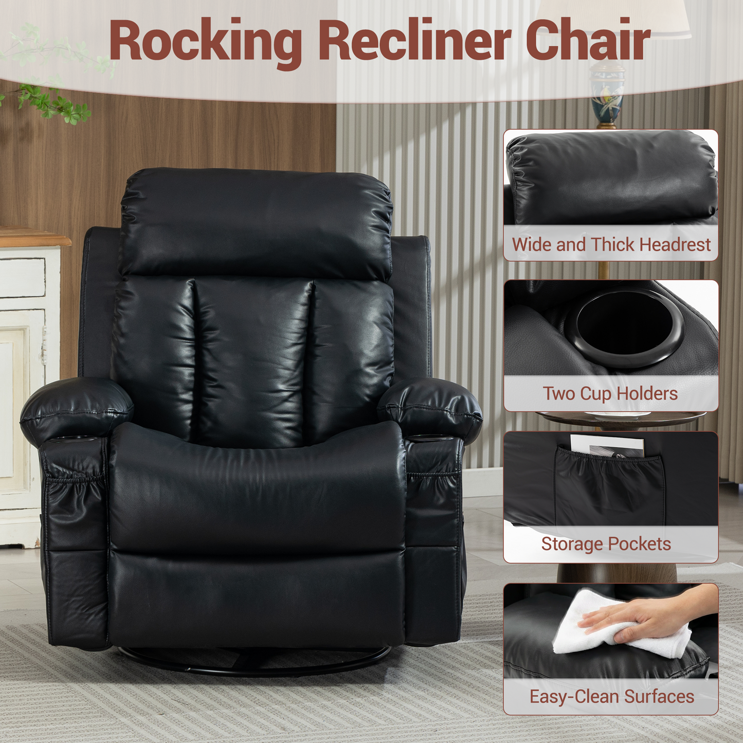 Delmango Power Recliner Chair for Living Room PU Leather Swivel Rocker Recliner Chair with Overstuffed Armrest and Backrest Black