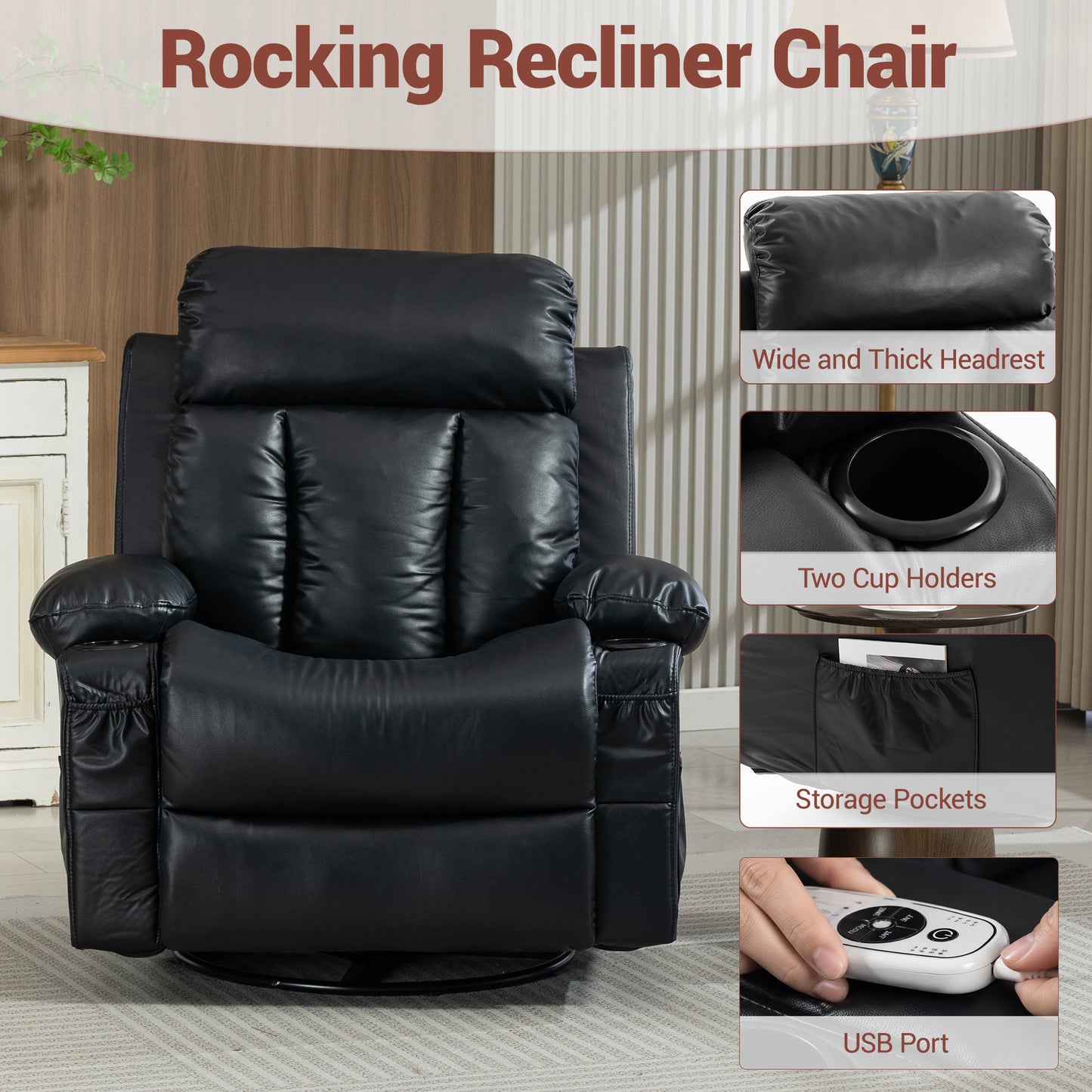 Delmango Power Recliner Chair for Audlts PU Leather Swivel Rocker Recliner Chair Massage Sofa Chair for Living Room Black