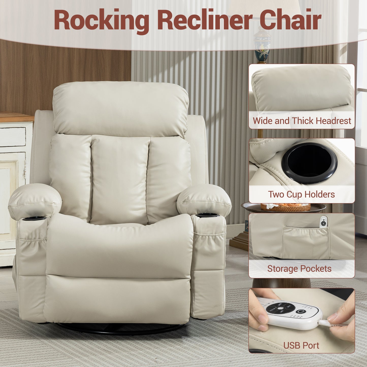 Delmango Power Recliner Chair for Audlts PU Leather Swivel Rocker Recliner Chair Massage Sofa Chair for Living Room Beige