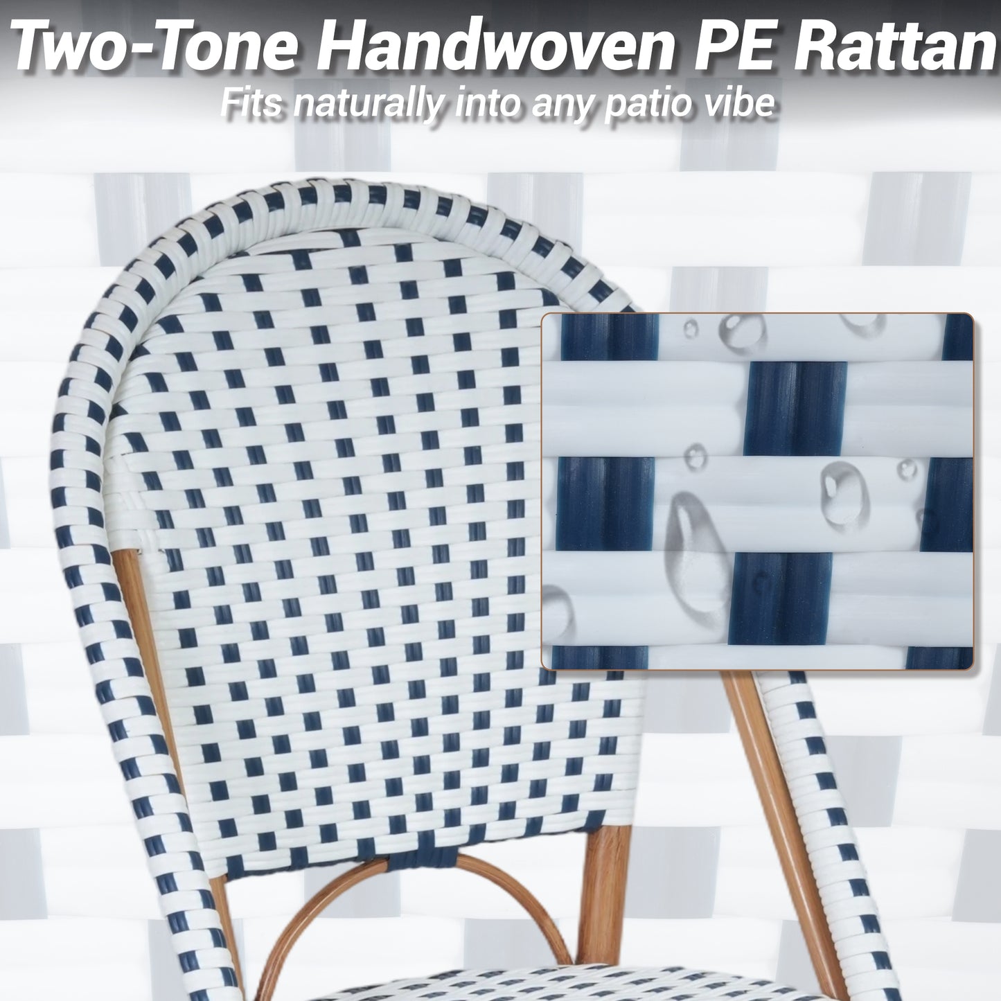 DELMANGO 2-Piece Wicker Outdoor French Bistro Chairs, Armless Dining Chairs with Metal Frame, Stackable Patio Chairs, White/Blue