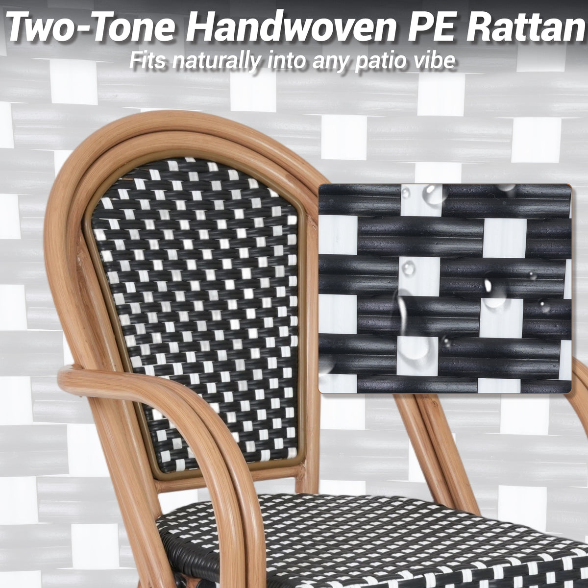 DELMANGO Metal & Faux Rattan Bistro Chair,Outdoor Arm Dining Chairs, Stackable Patio Chairs, White/Black (Set of 4)