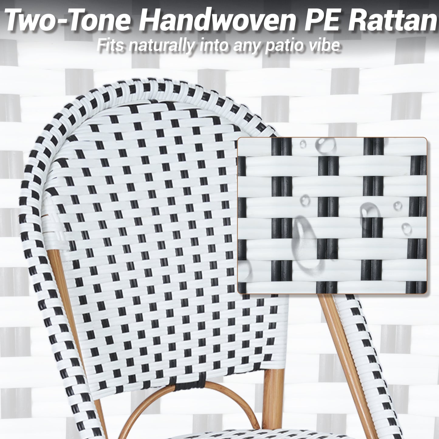 DELMANGO 4-Piece Wicker Outdoor French Bistro Chairs, Armless Dining Chairs with Metal Frame, Stackable Patio Chairs, White/Black
