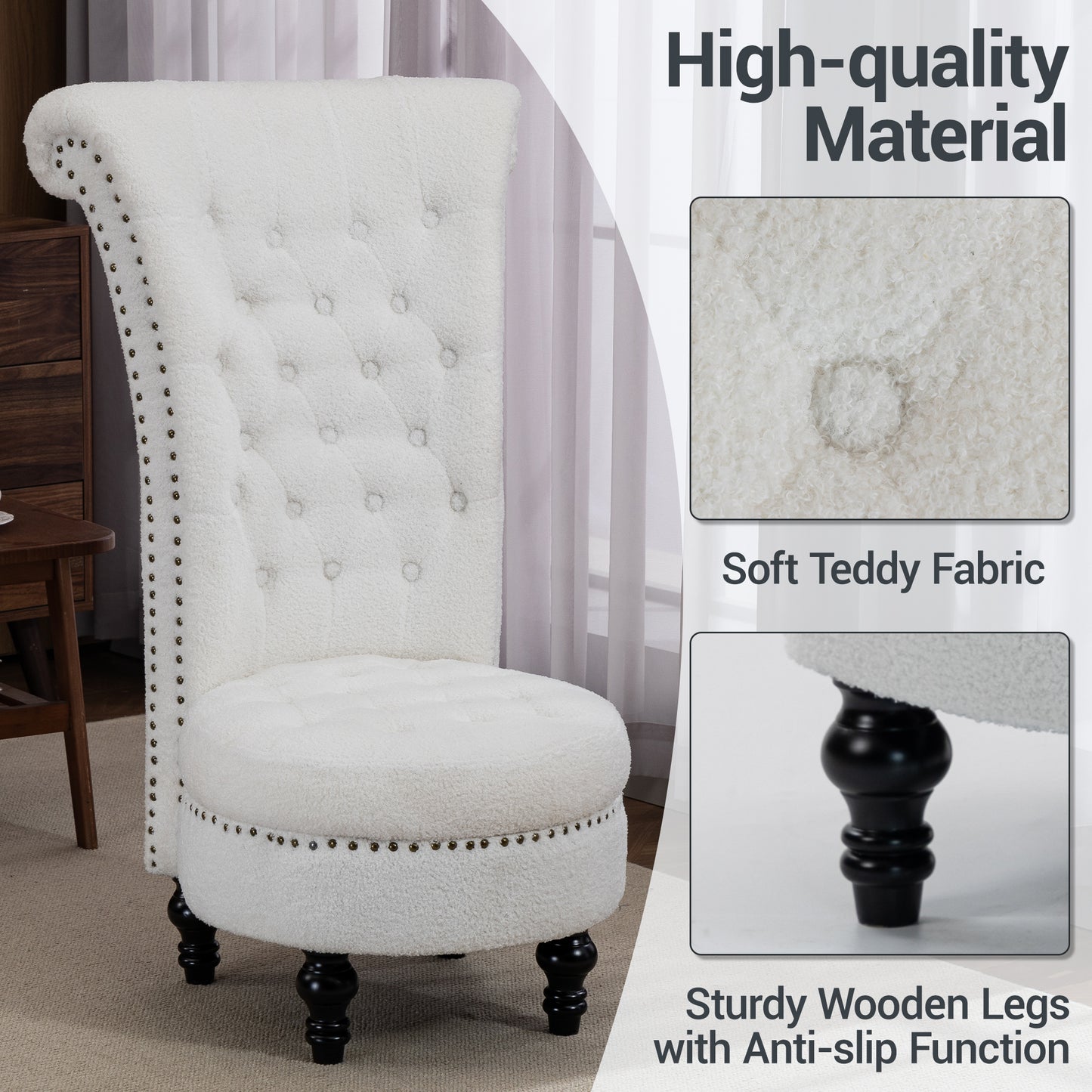 DELMANGO Set of 2 Teddy Throne Chair with Storage, Armless High-Back Accent Chair with Nailhead Trim & Solid Rubberwood Legs, for Living Room and Bedroom, White