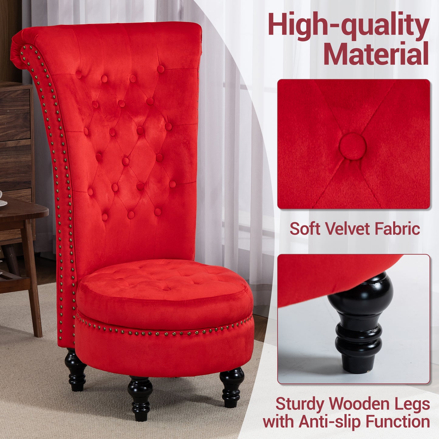 DELMANGO Set of 2 Velvet Throne Chair with Storage, Armless High-Back Accent Chair with Nailhead Trim & Solid Rubberwood Legs, for Living Room and Bedroom, Red