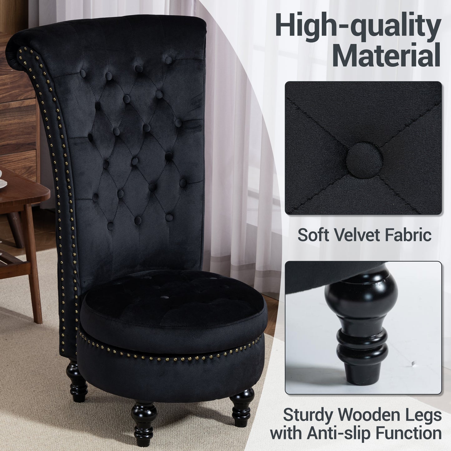 DELMANGO Set of 2 Velvet Throne Chair with Storage, Armless High-Back Accent Chair with Nailhead Trim & Solid Rubberwood Legs, for Living Room and Bedroom, Black