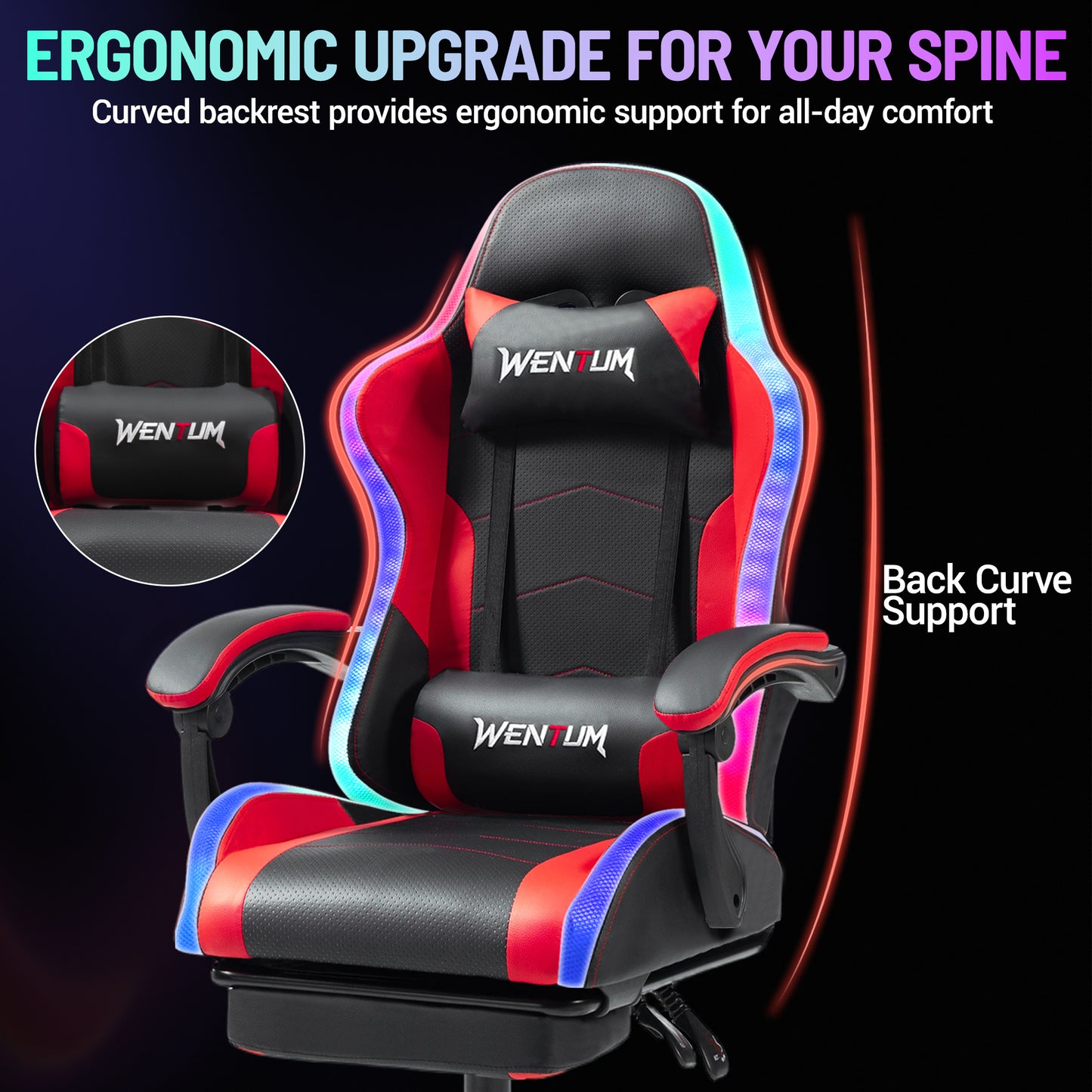 Delmango RGB Ergonomic Gaming Chair with Massage, LED Lights, Footrest, Lumbar Support, Red
