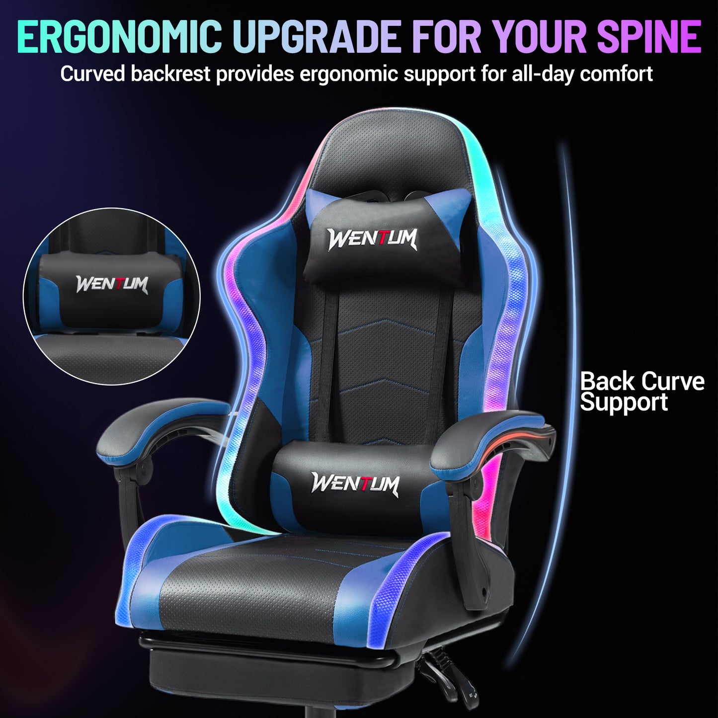 Delmango RGB Ergonomic Gaming Chair with Massage, LED Lights, Footrest, Lumbar Support, Blue