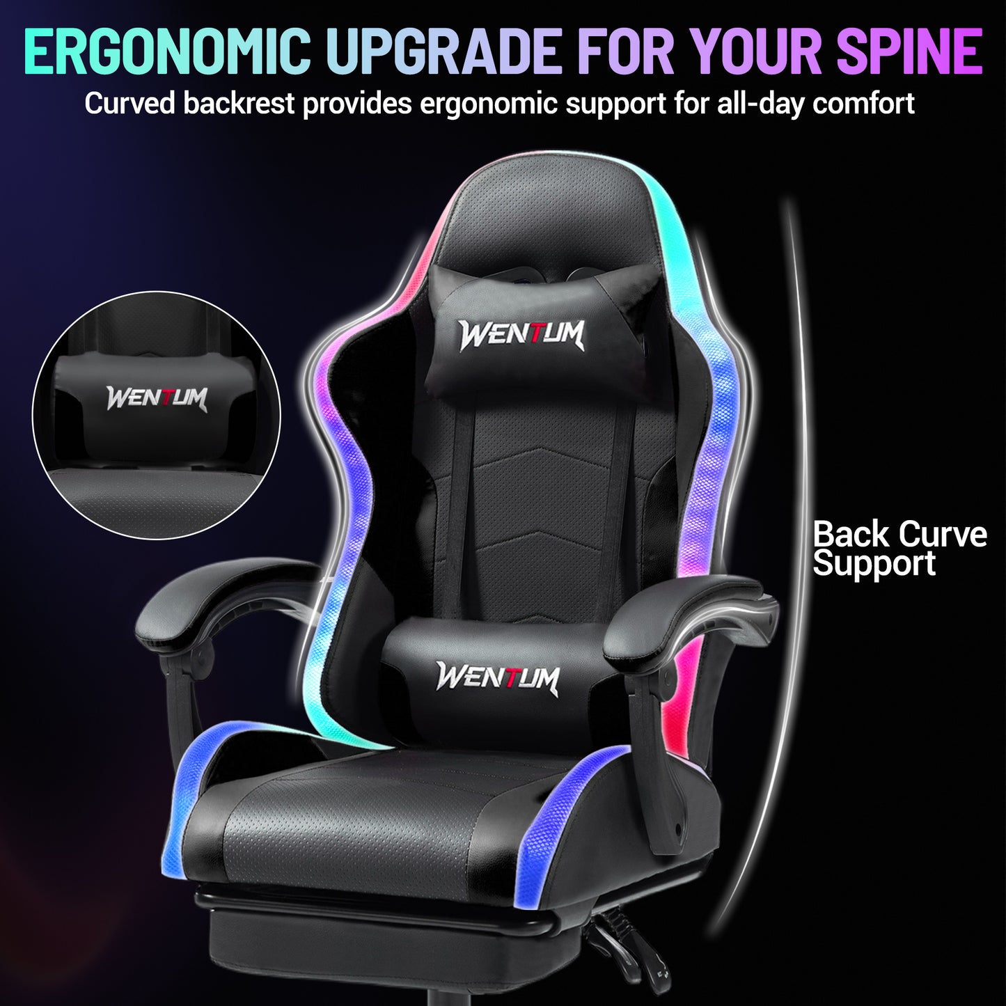 Delmango RGB Ergonomic Gaming Chair with Massage, LED Lights, Footrest, Lumbar Support, Black