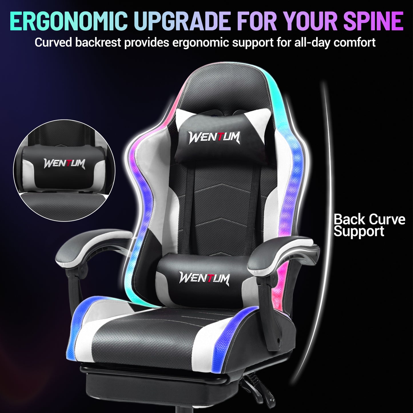 Delmango RGB Ergonomic Gaming Chair with Massage, LED Lights, Footrest, Lumbar Support, White