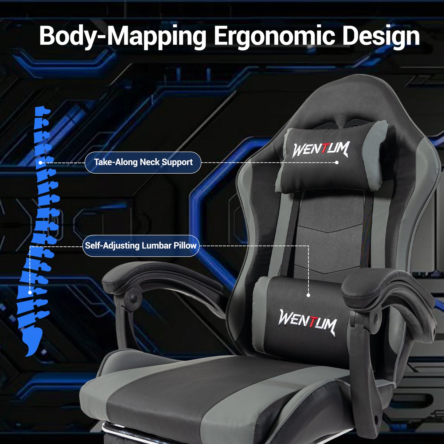DELMANGO Gaming Chair Ergonomic Office Chair with Adjustable Headrest & Footrest, 90-135¡ã Recline, 360¡ã Swivel,Black/Grey