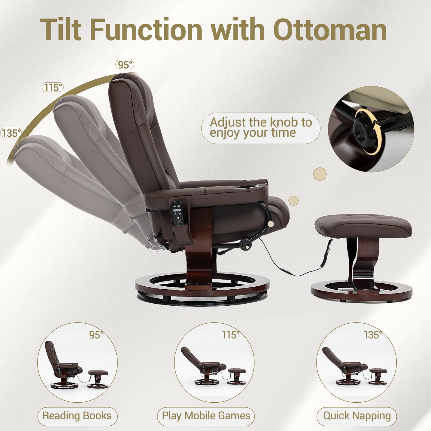 DELMANGO Swivel Massage Recliner with Ottoman, Adjustable Recline Wood Base Faux Leather Lounge Chair, Footrest Accent Chair for Living Room & Bedroom, Brown