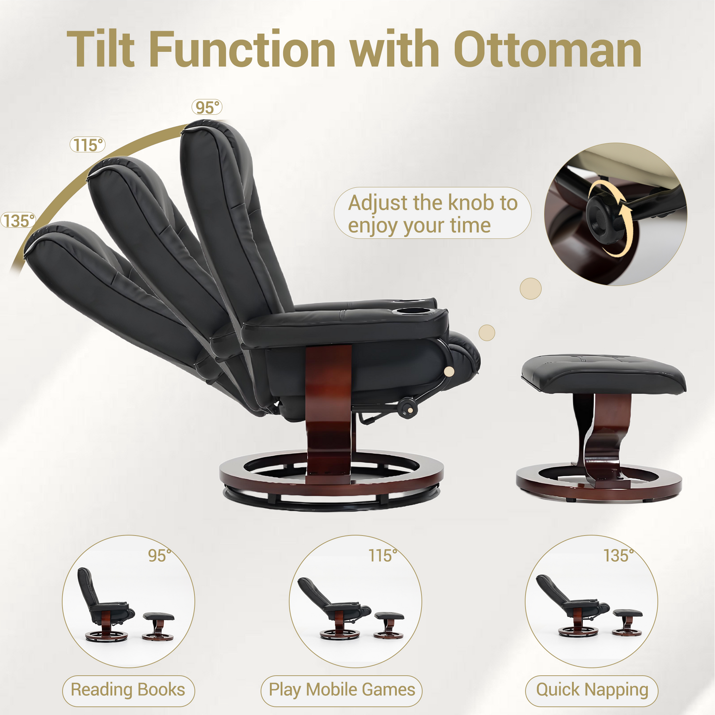 DELMANGO Swivel Recliner Chair with Ottoman, Wood Base Faux Leather Lounge Chair with Footrest, Accent Chair for Living Room & Bedroom, Black