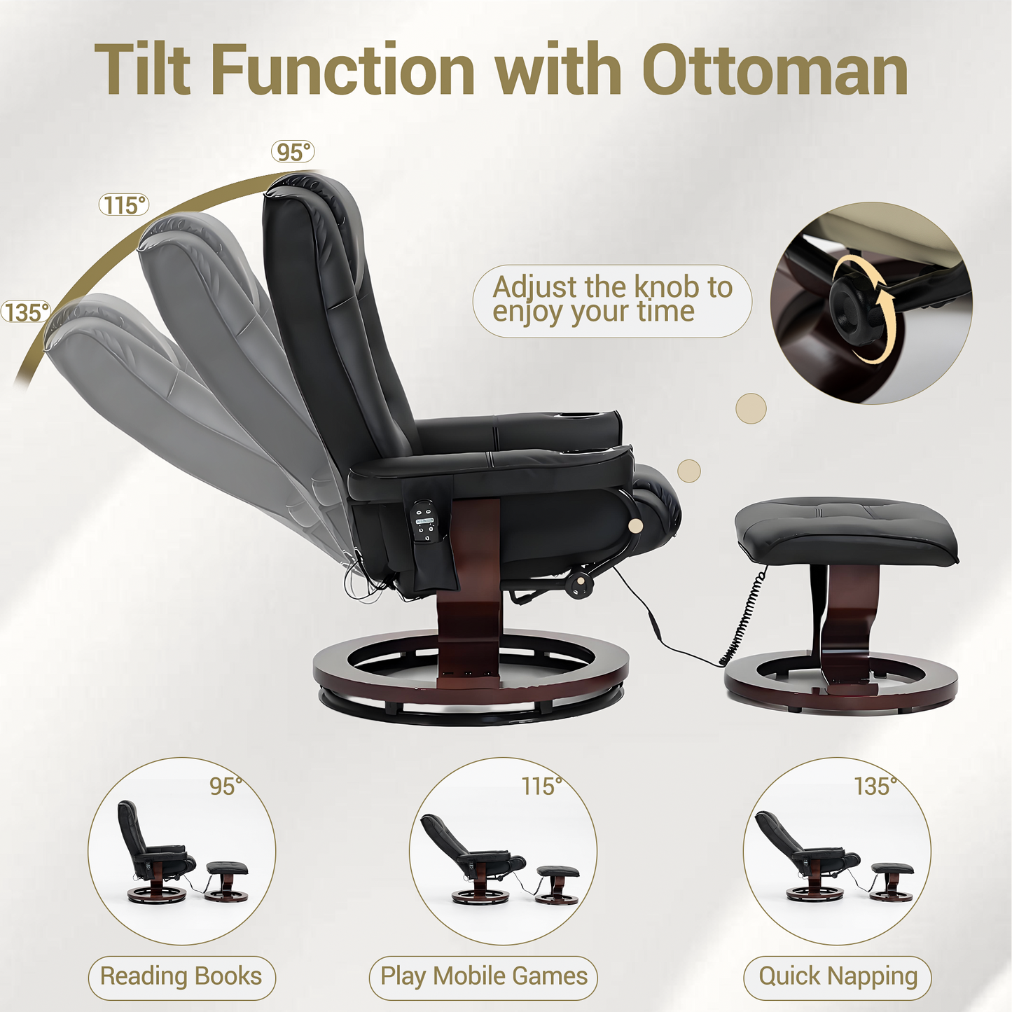 DELMANGO Swivel Massage Recliner with Ottoman, Adjustable Recline Wood Base Faux Leather Lounge Chair, Footrest Accent Chair for Living Room & Bedroom, Black