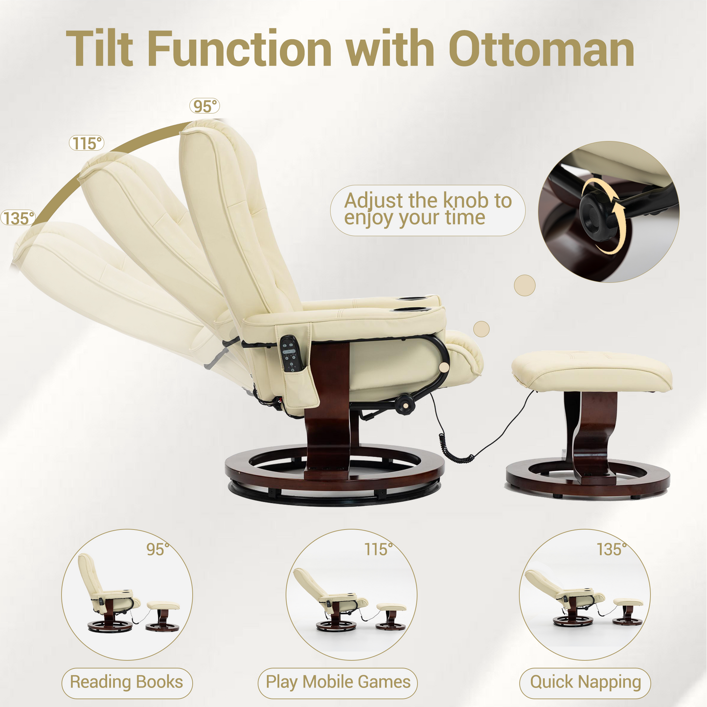 DELMANGO Swivel Massage Recliner with Ottoman, Adjustable Recline Wood Base Faux Leather Lounge Chair, Footrest Accent Chair for Living Room & Bedroom, Beige