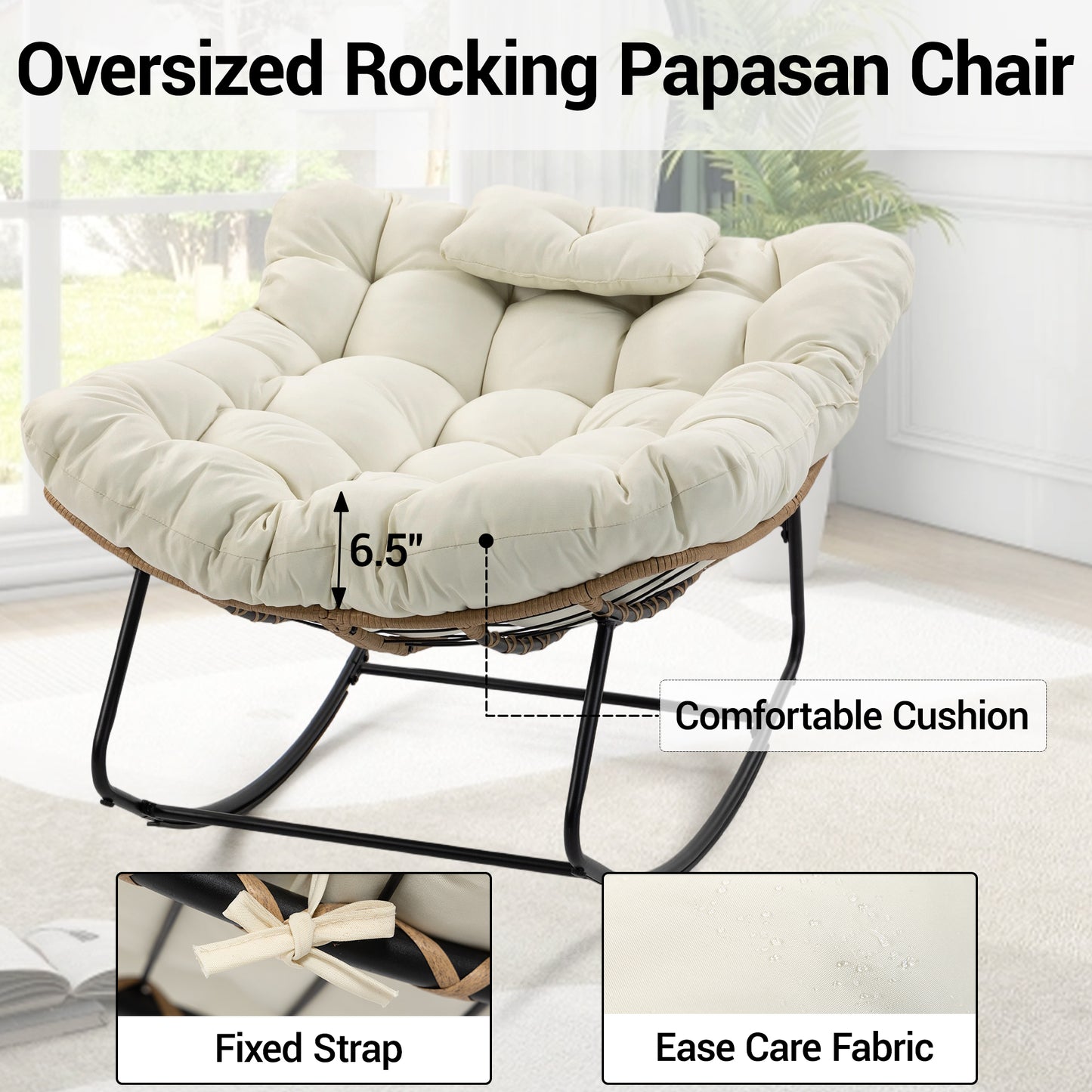 DELMANGO Rocking Egg Chair Outdoor Patio lounger with Thick Cushion Oversized Wicker Rocker Indoor Papasan lawn Chair for Living room Bedroom Porch Balcony Beige