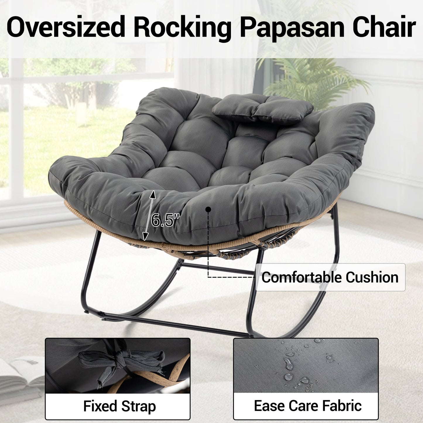 DELMANGO Rocking Egg Chair Outdoor Patio lounger with Thick Cushion Oversized Wicker Rocker Indoor Papasan lawn Chair for Living room Bedroom Porch Balcony Gray