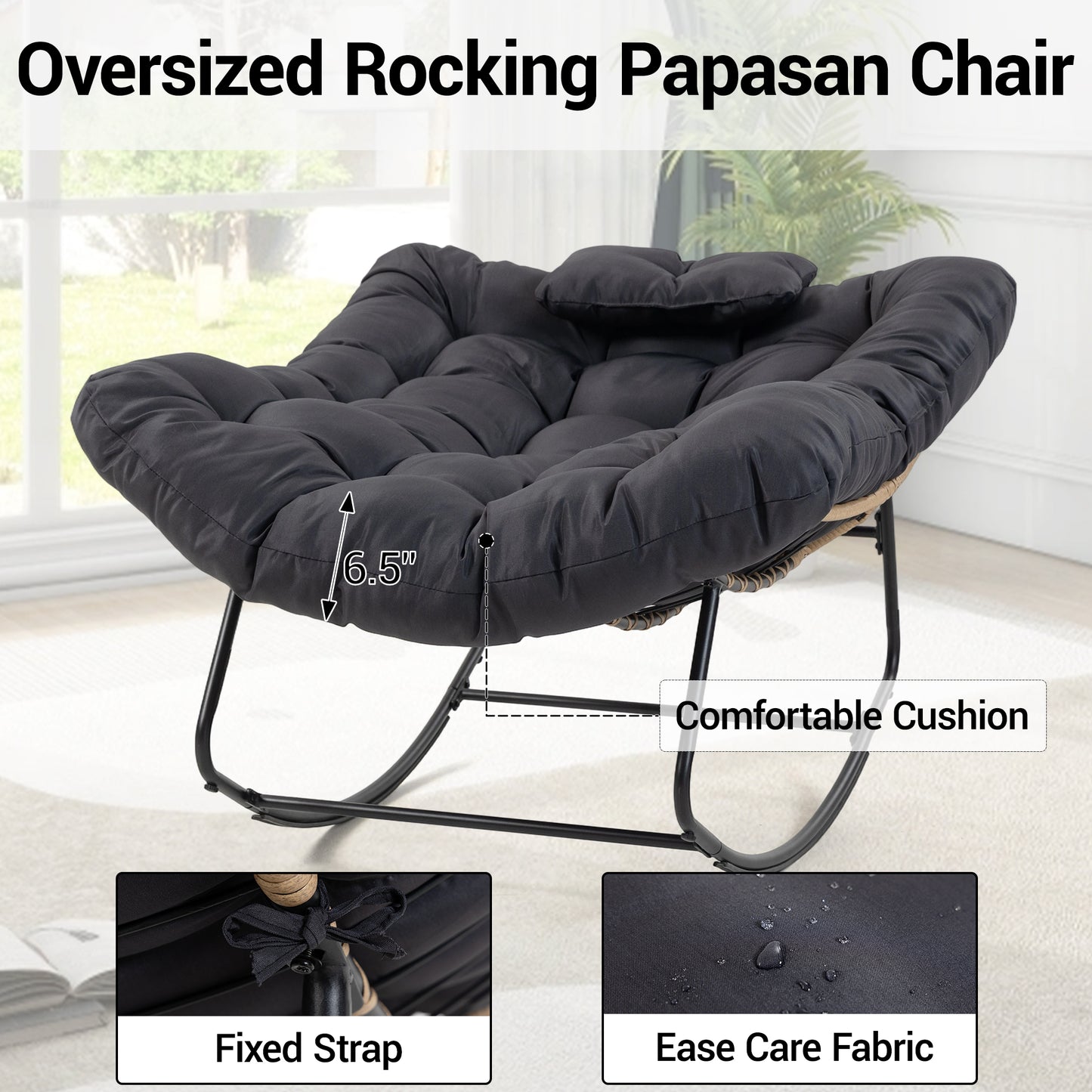 DELMANGO Rocking Egg Chair Outdoor Patio lounger with Thick Cushion Oversized Wicker Rocker Indoor Papasan lawn Chair for Living room Bedroom Porch Balcony Black