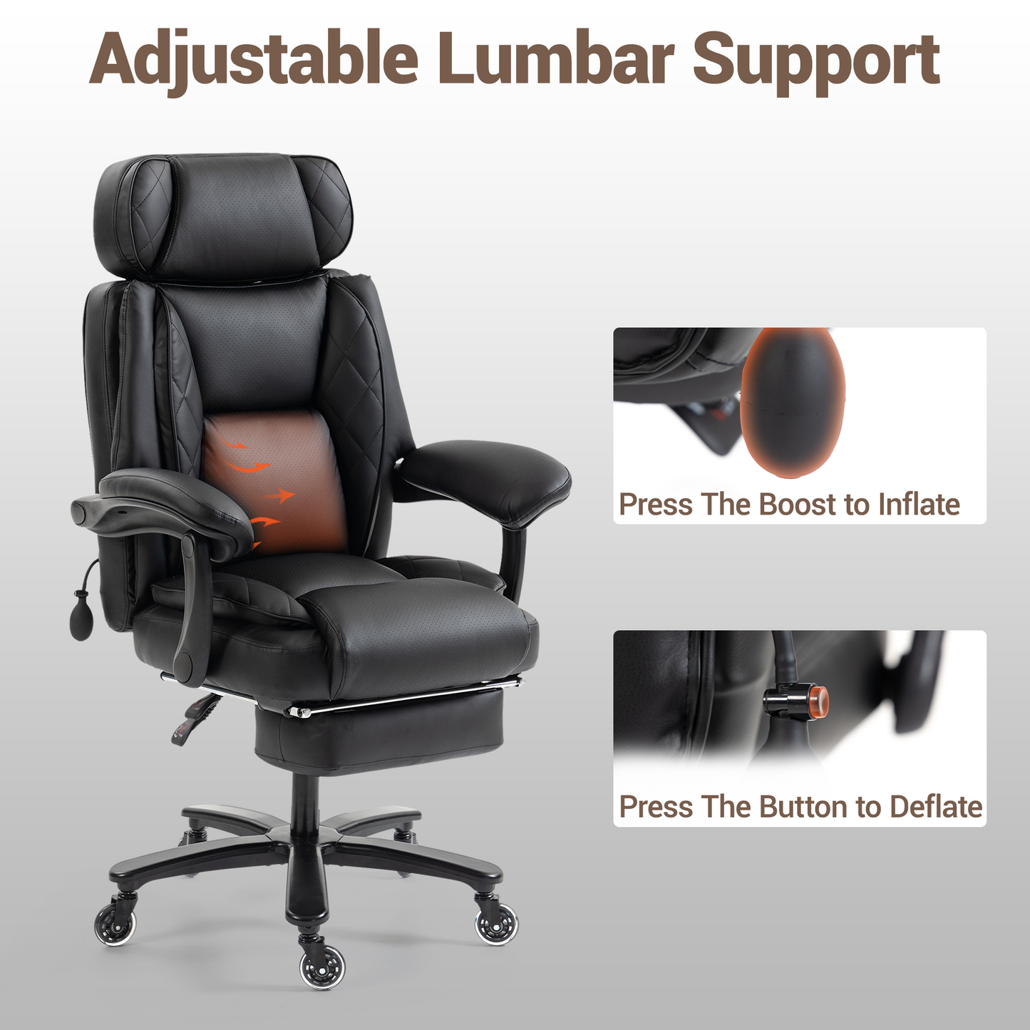 DELMANGO Big and Tall Office Chair, Heavy Duty Executive Office Desk Chair with Footrest, Waist Lumber Support, Adjustable Headrest, Black