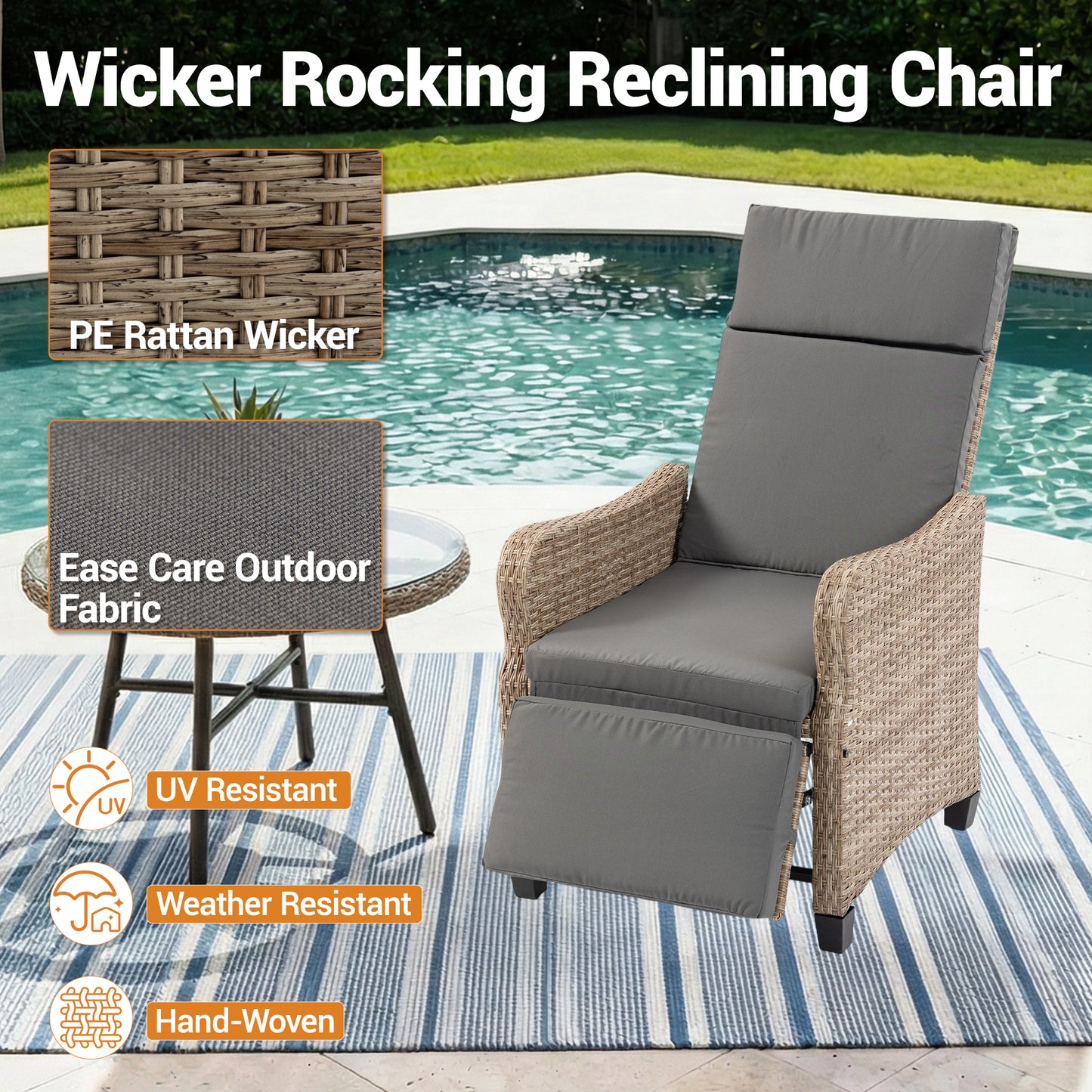 DELMANGO 2-in-1 Outdoor Recliner Chair, Gray – Rocking/Flat Footrest, 90°–135° Reclining Backrest, Rattan Wicker & Removable Cushion for Patio, Garden, Balcony, Porch