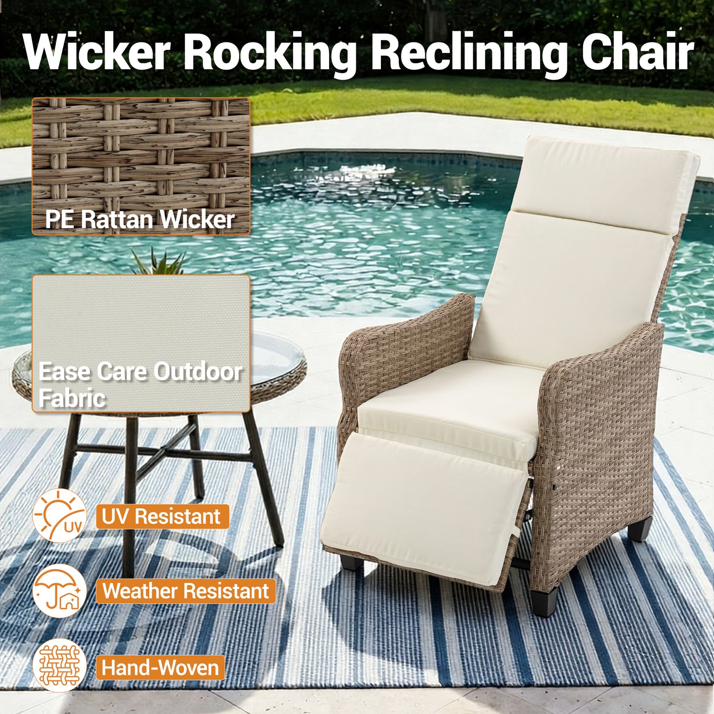 DELMANGO 2-in-1 Outdoor Recliner Chair set of 2, White – Rocking/Flat Footrest, 90°–135° Reclining Backrest, Rattan Wicker & Removable Cushion for Patio, Garden, Balcony, Porch