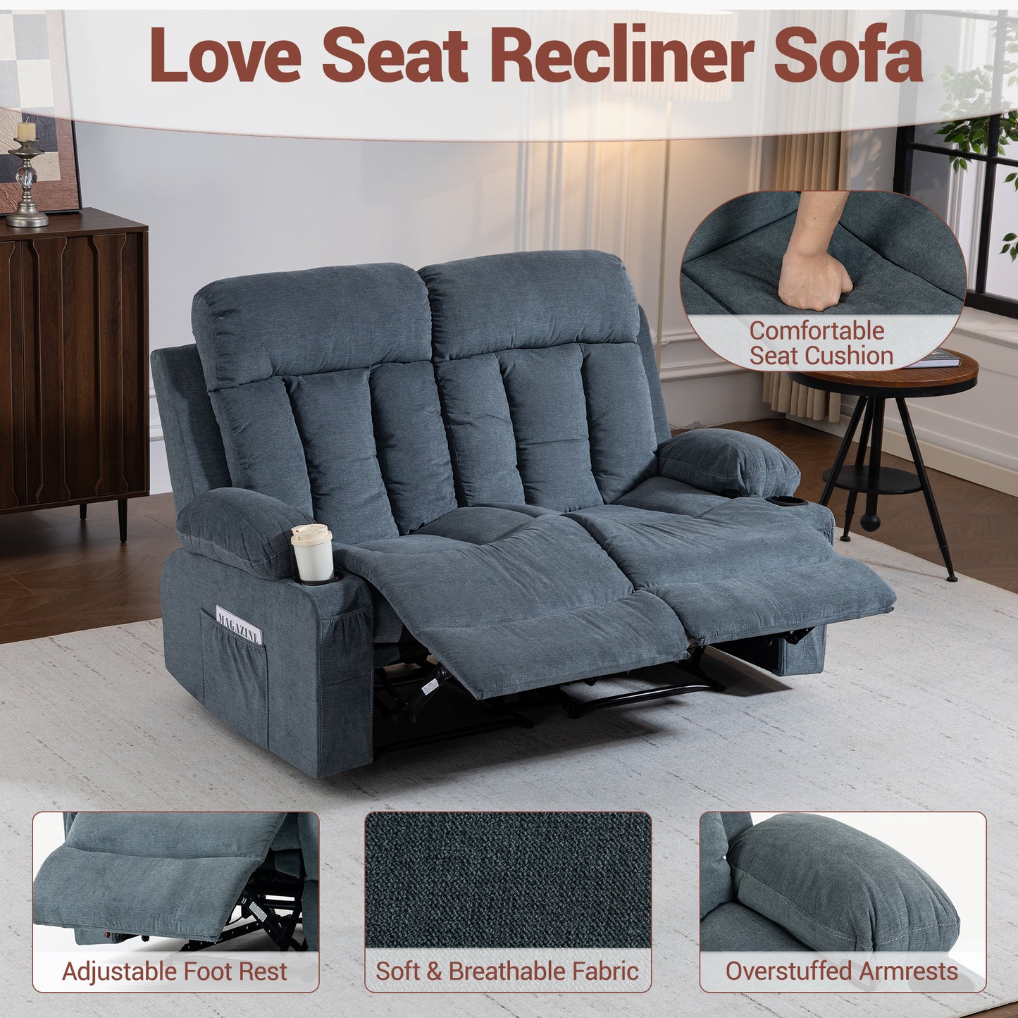 DELMANGO 2-Seater Loveseat Recliner Sofa with Cup Holders, Manual Reclining Dual Seat Couch for Living Room, Home Theater & Small Spaces, Blue