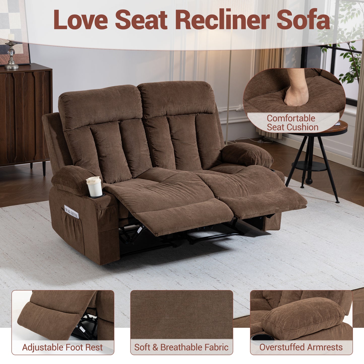 DELMANGO 2-Seater Loveseat Recliner Sofa with Cup Holders, Manual Reclining Dual Seat Couch for Living Room, Home Theater & Small Spaces, Brown