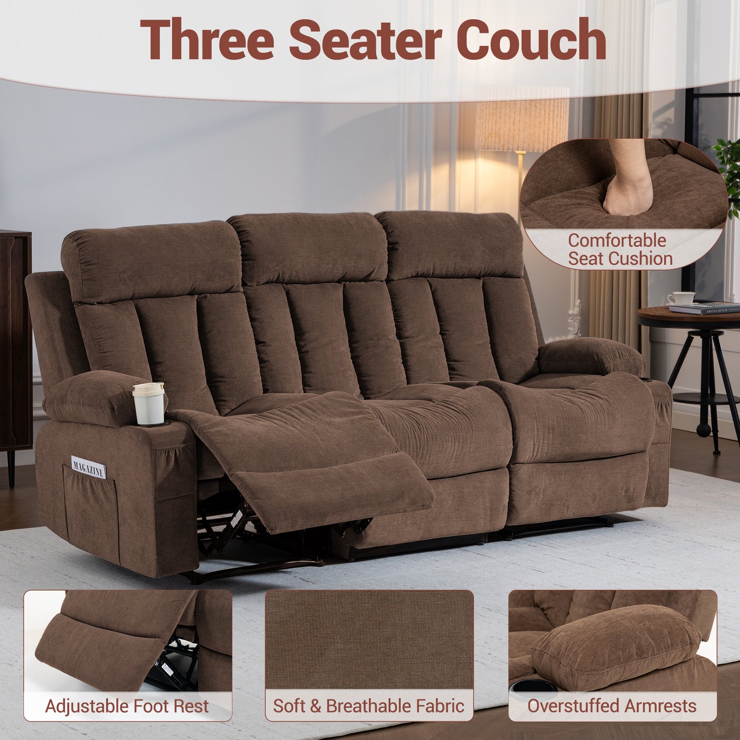 DELMANGO 3-Seater Recliner Sofa Set, Manual Triple Reclining Sofa Couch, 3 Seat Recliner Chair for Living Room, Home Theater & Small Spaces, Brown