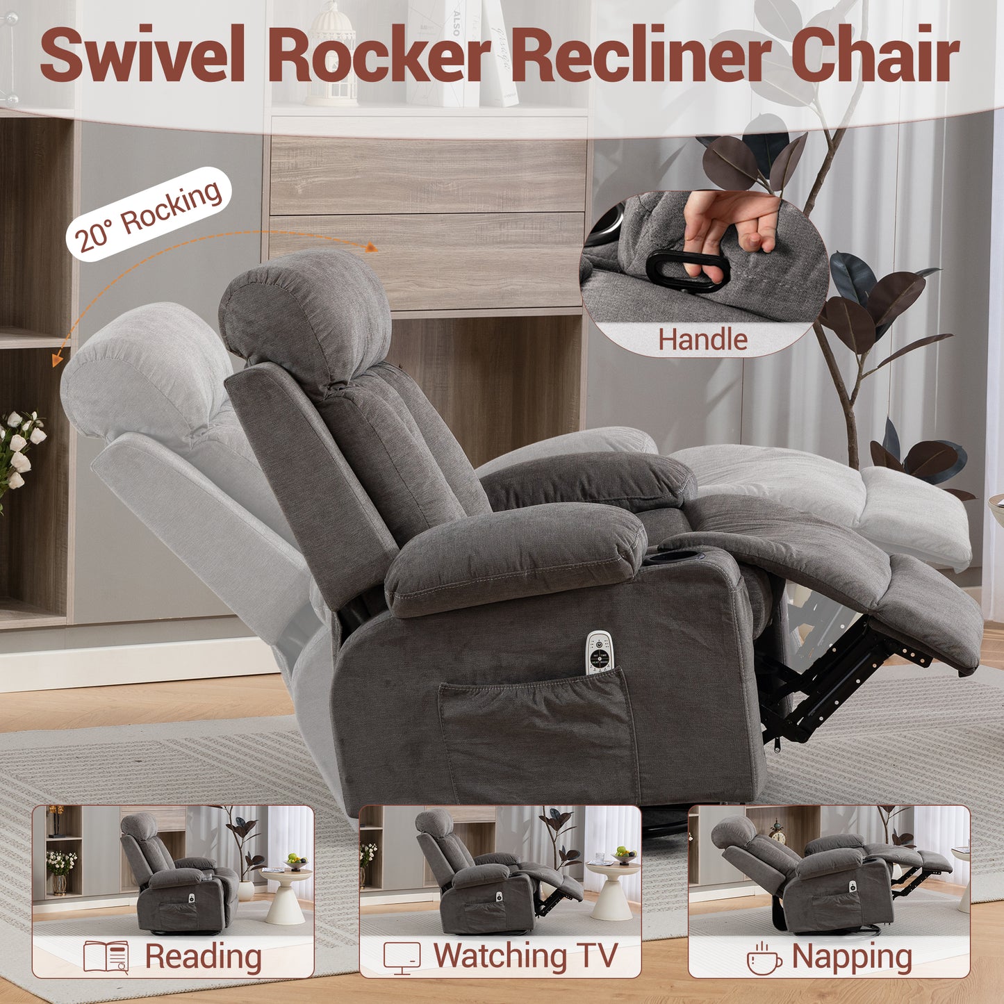 DELMANGO Swivel Rocker Recliner Chair with Vibration Massage & Heat, 360 Degree Rotating Lounge Chair for Adults, Ergonomic Rocking Chair with Side Pocket & Cup Holders, Grey