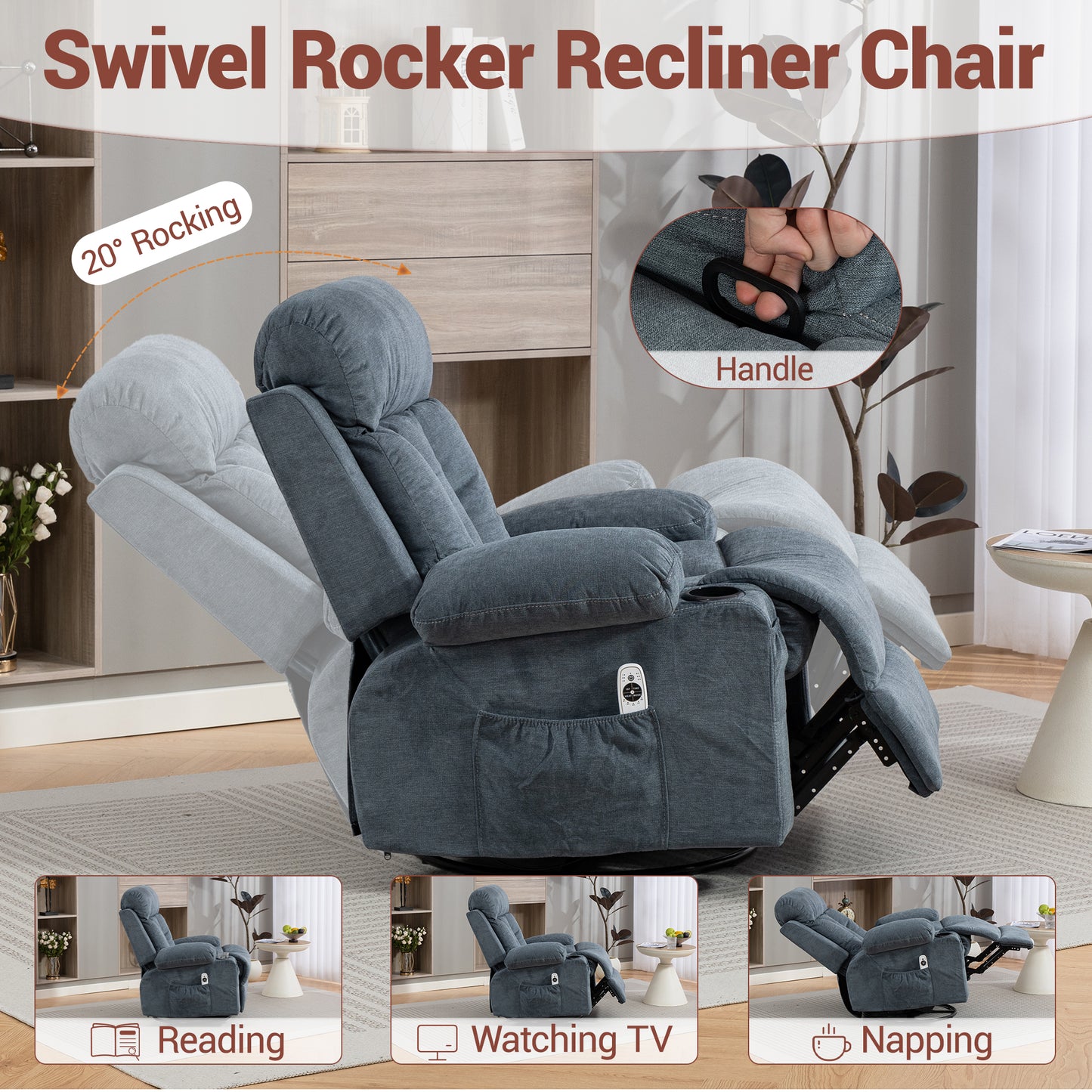 DELMANGO Swivel Rocker Recliner Chair with Vibration Massage & Heat, 360 Degree Rotating Lounge Chair for Adults, Ergonomic Rocking Chair with Side Pocket & Cup Holders, Blue