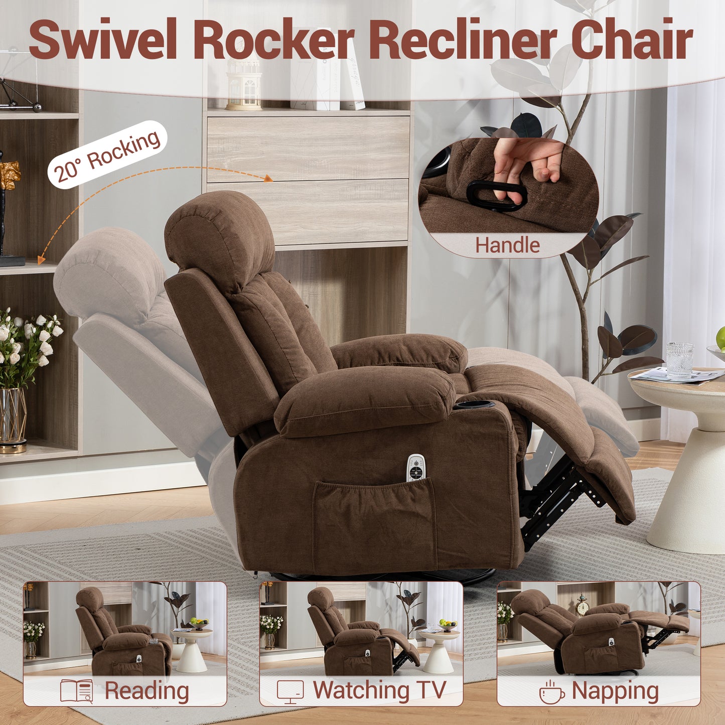 DELMANGO Swivel Rocker Recliner Chair with Vibration Massage & Heat, 360 Degree Rotating Lounge Chair for Adults, Ergonomic Rocking Chair with Side Pocket & Cup Holders, Brown