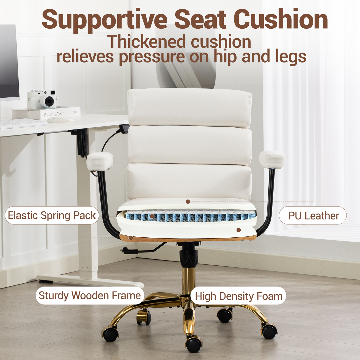 DELMANGO Faux Leather Home Office Desk Chair with Padded Seat & Armrests, Gold Base Vanity Swivel Chair with Adjustable Height and Wheels, White