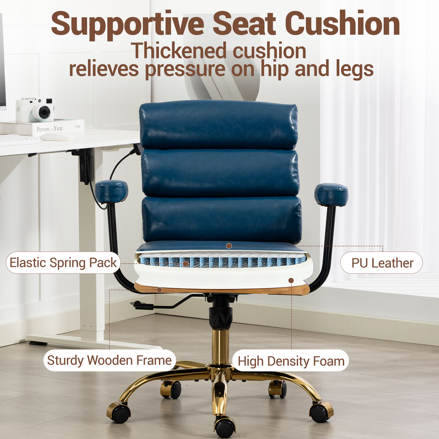 DELMANGO Faux Leather Home Office Desk Chair with Padded Seat & Armrests, Gold Base Vanity Swivel Chair with Adjustable Height and Wheels, Blue