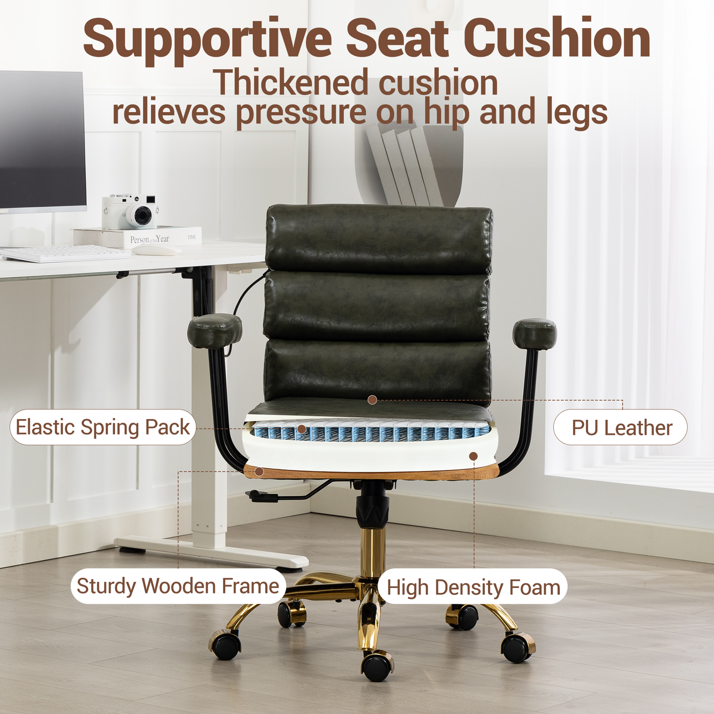DELMANGO Faux Leather Home Office Desk Chair with Padded Seat & Armrests, Gold Base Vanity Swivel Chair with Adjustable Height and Wheels, Green