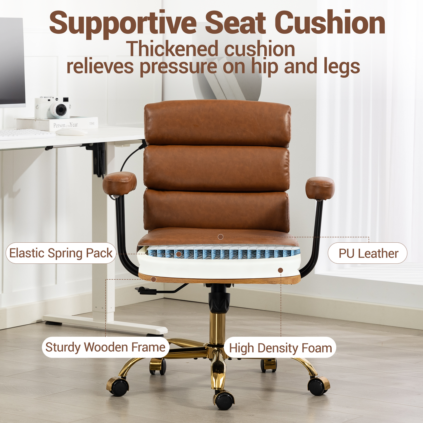 DELMANGO Faux Leather Home Office Desk Chair with Padded Seat & Armrests, Gold Base Vanity Swivel Chair with Adjustable Height and Wheels, Brown
