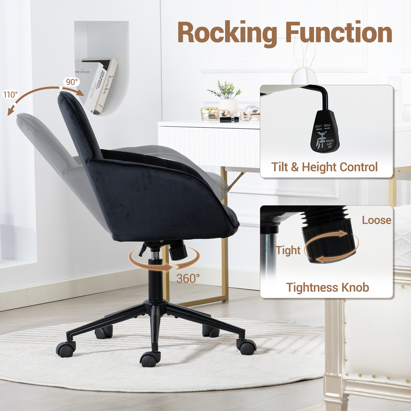 DELMANGO Velvet Adjustable Desk Chair with Gold Base & Wheels, Modern Swivel Vanity Office Chair for Home, Living Room, Bedroom & Study, Black