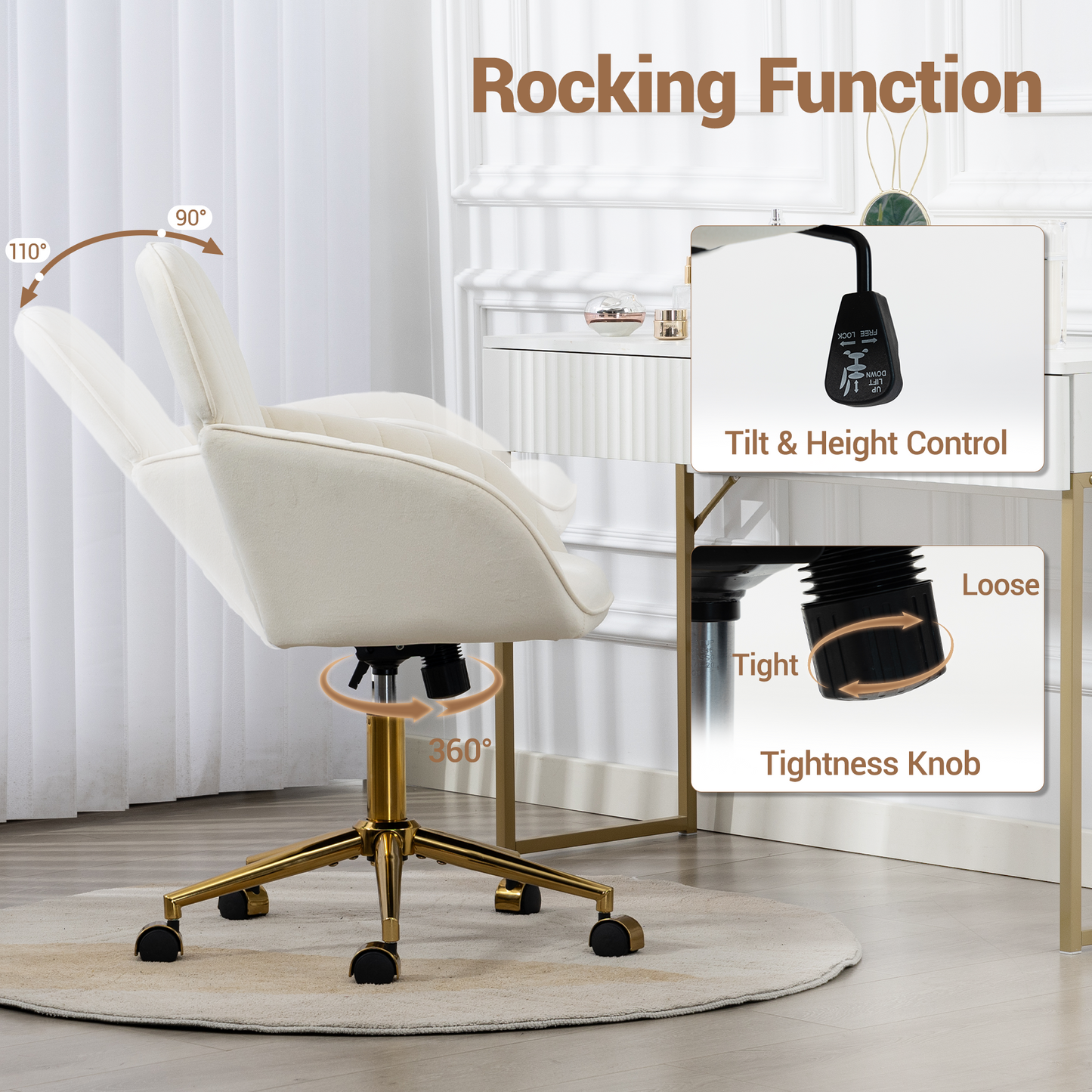 DELMANGO Velvet Adjustable Desk Chair with Gold Base & Wheels, Modern Swivel Vanity Office Chair for Home, Living Room, Bedroom & Study, Beige
