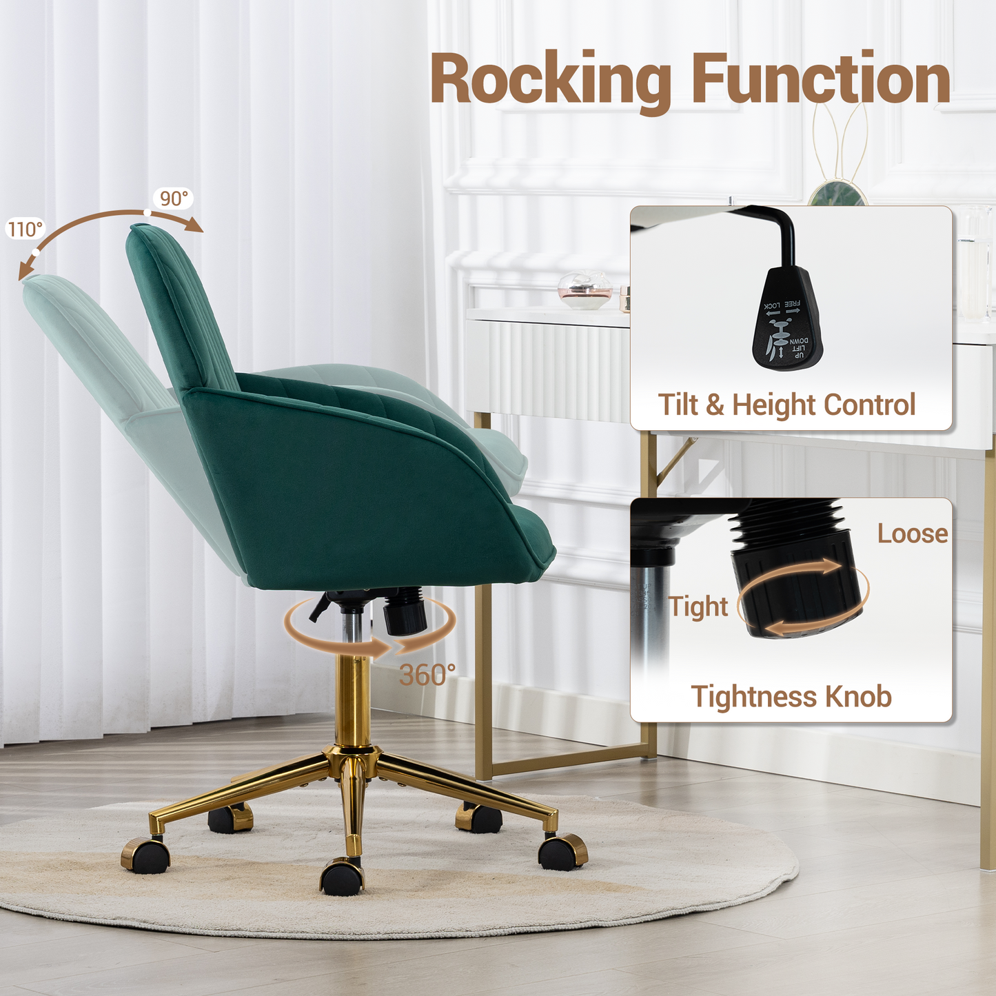 DELMANGO Velvet Adjustable Desk Chair with Gold Base & Wheels, Modern Swivel Vanity Office Chair for Home, Living Room, Bedroom & Study, Green
