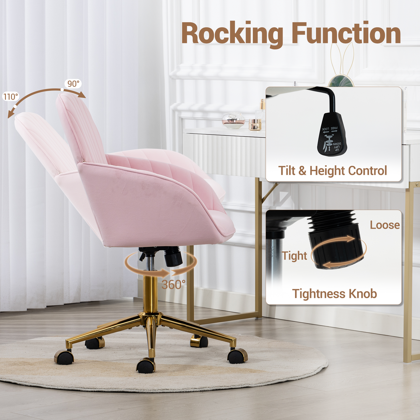 DELMANGO Velvet Adjustable Desk Chair with Gold Base & Wheels, Modern Swivel Vanity Office Chair for Home, Living Room, Bedroom & Study, Pink