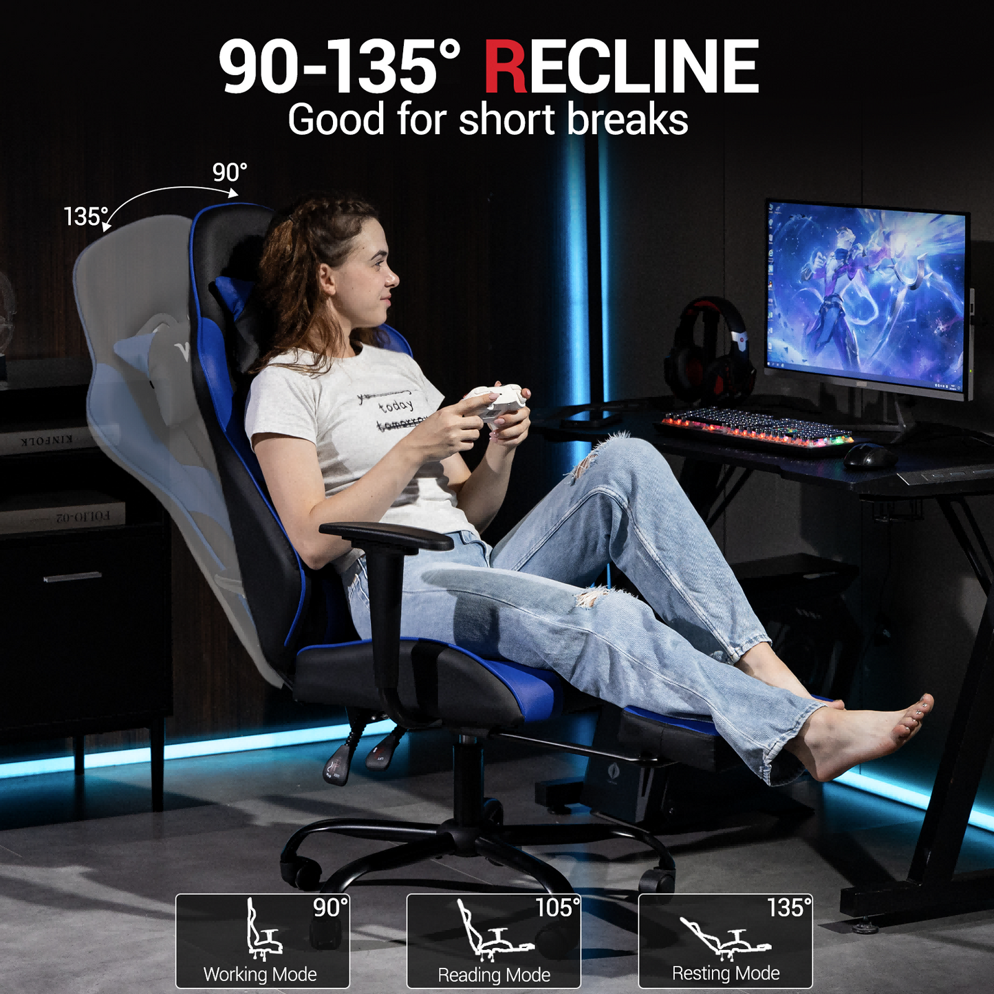 DELMANGO Massage Gaming Chair with Recline and Footrest, Racing Style PU Leather Office Desk Chair with Head Pillow for Adults, Blue