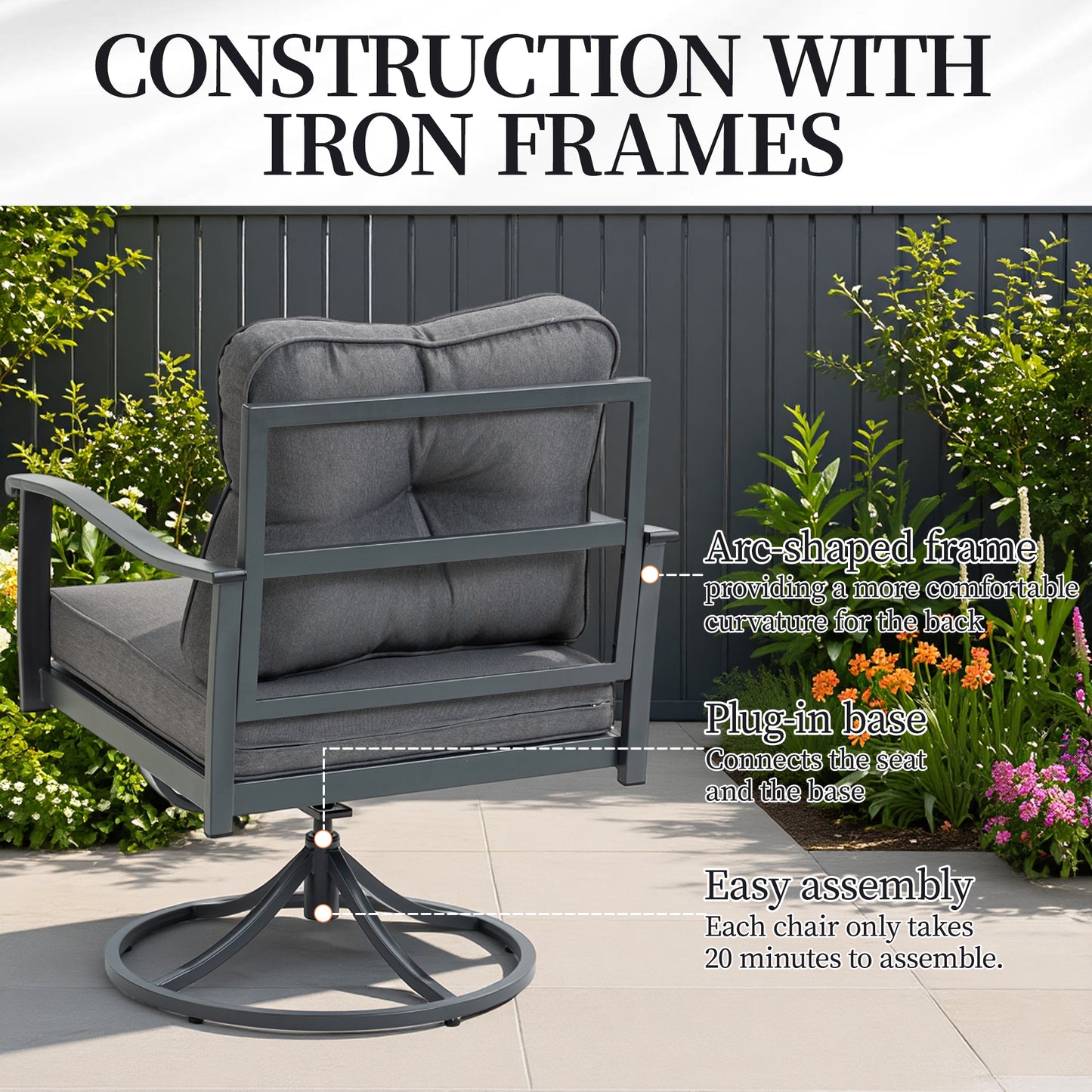 DELMANGO 2 Pcs Swivel Chairs and Coffee Table, All-Weather Metal Modern Outside Furniture with Washable Thick Cushion for Garden/Backyard/Porch, Grey