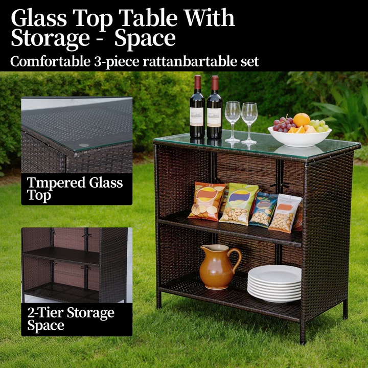 DELMANGO 3 Piece Patio Bar Set with 2 Storage Shelves, Glass Top Table, Two Cushioned Stools,Outside Bars for Patio Entertainment, Blue